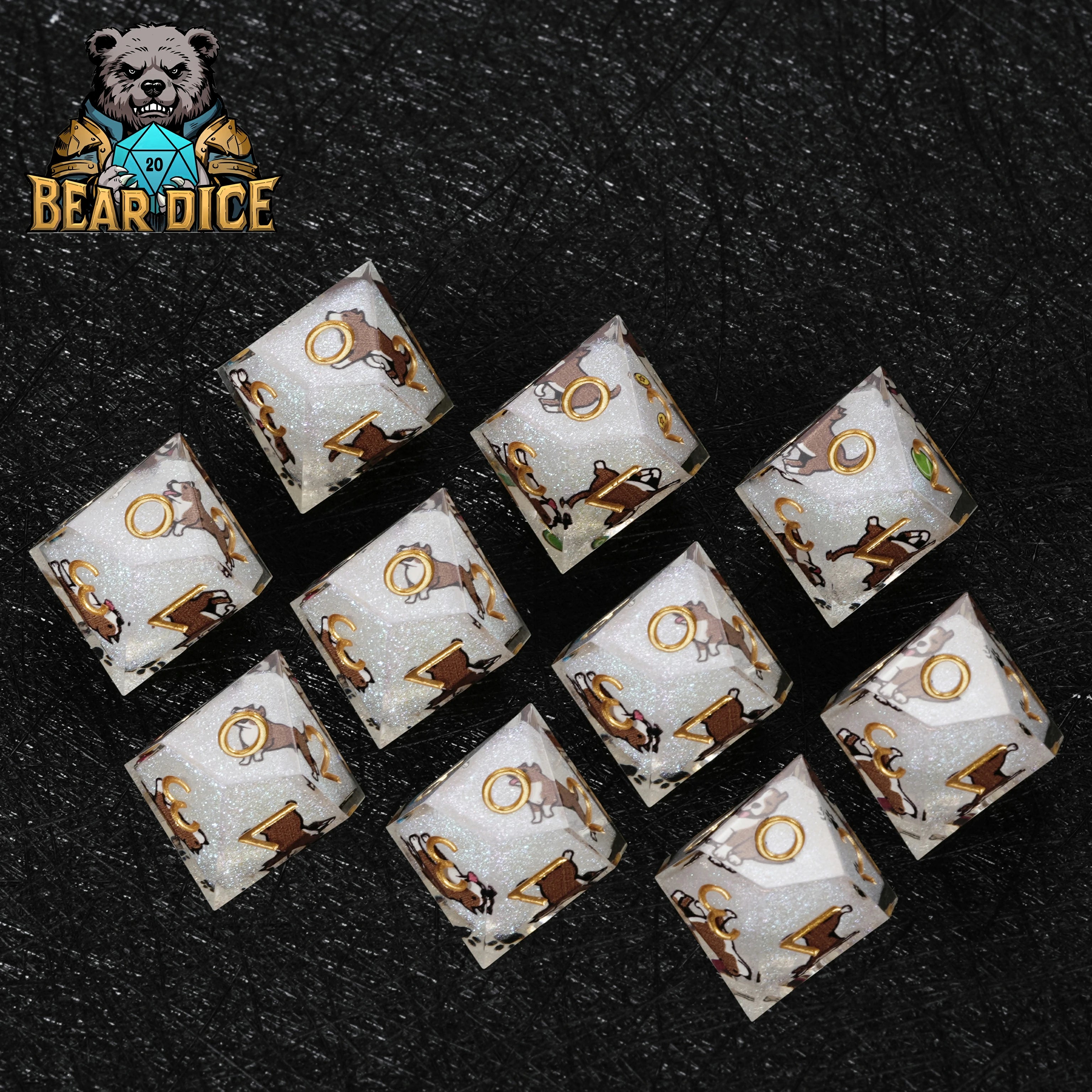 American Pit Bull White Glitter Resin D10 Dice for D&D RPG