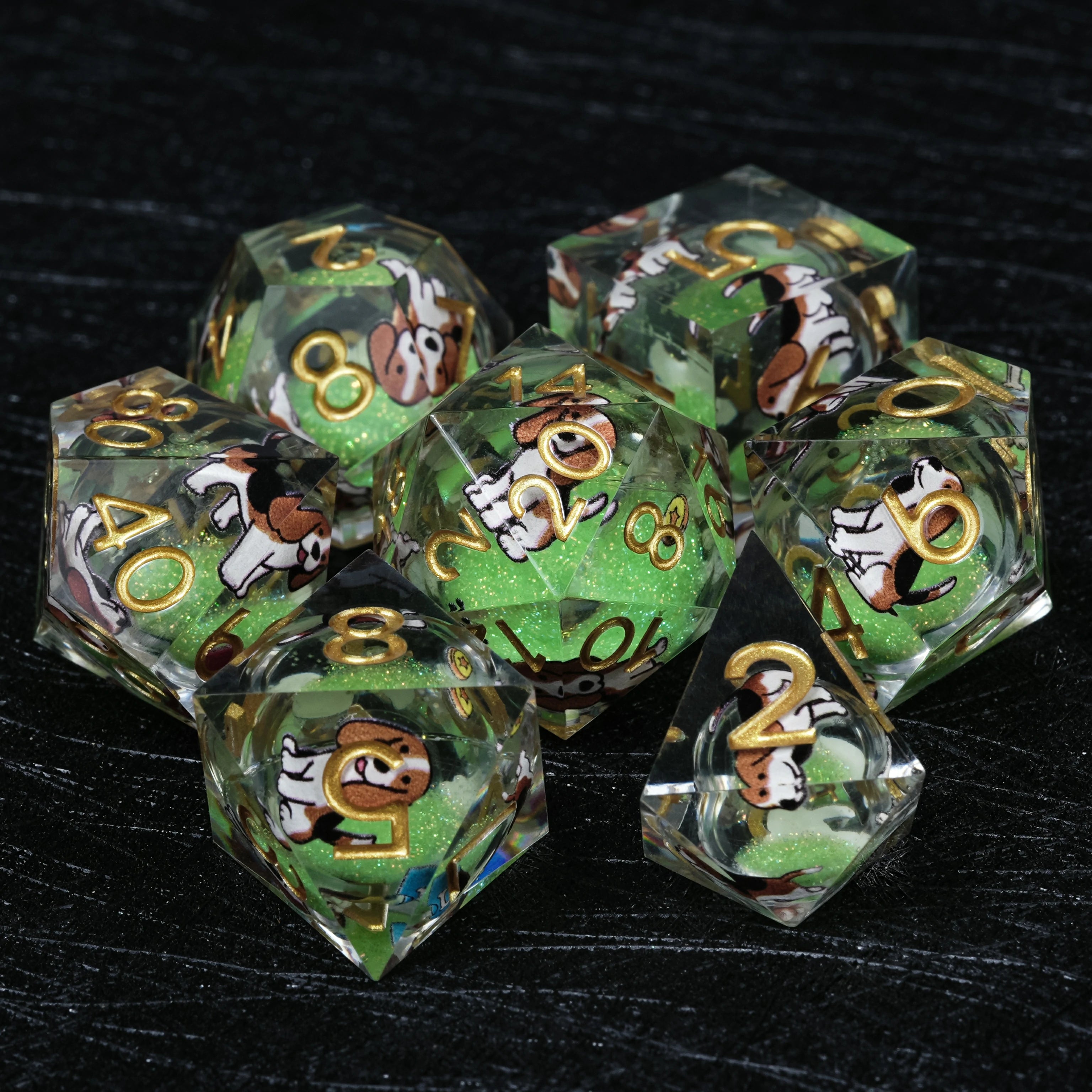 Beagle Green Liquid-Core Dice Set | Gold Numbers | 7-Piece RPG Polyhedral Set