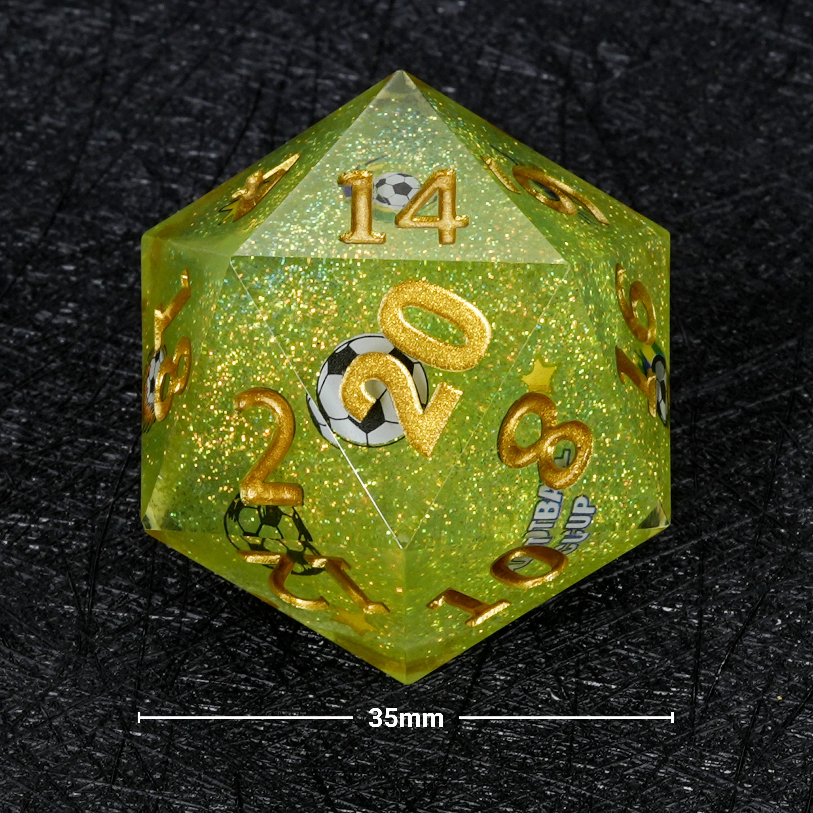 35mm World Cup Brazil Soccer Green Glitter Resin D20 Dice