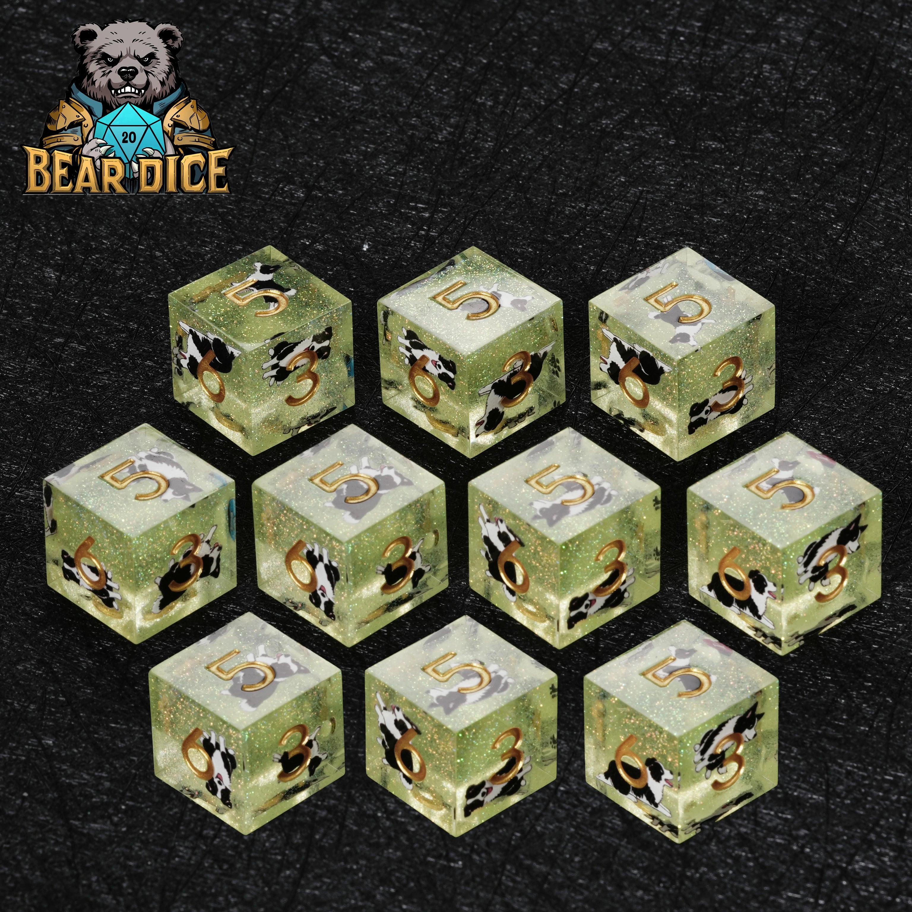 Border Collie Green Glitter Resin DND D6 Dice | RPG Dice Set
