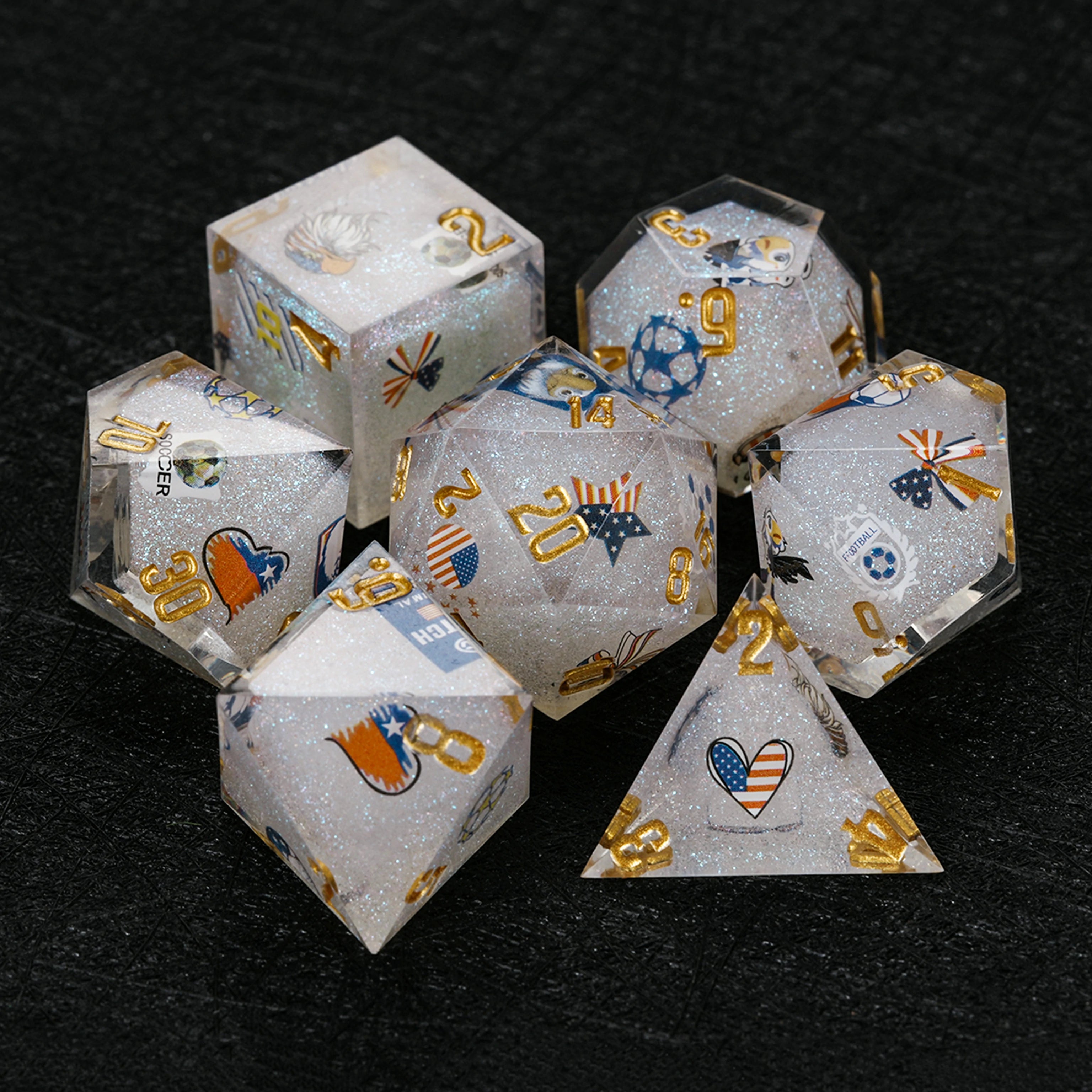 World Cup USA Soccer DND Dice Set – White Glitter Resin 7-Piece RPG Dice