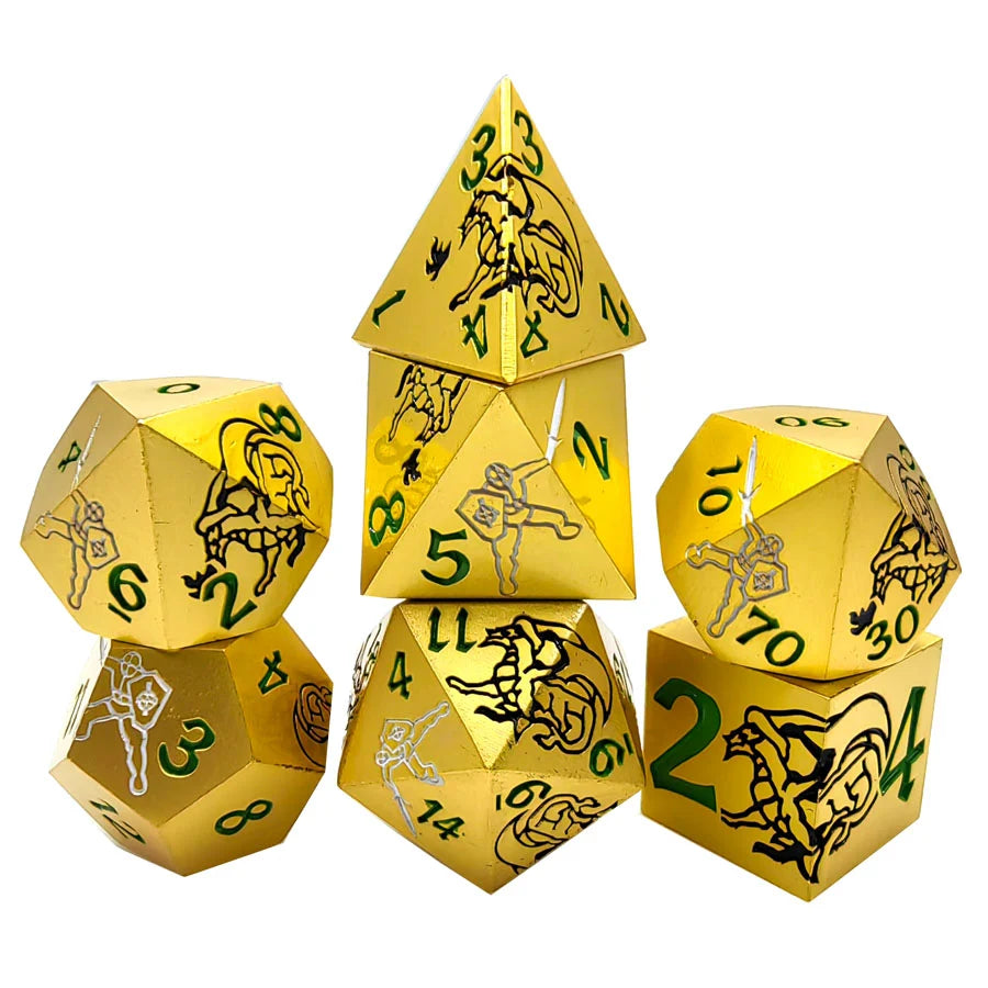 Cool black dragon and warrior gold dnd dice set + green font | Bear Dice