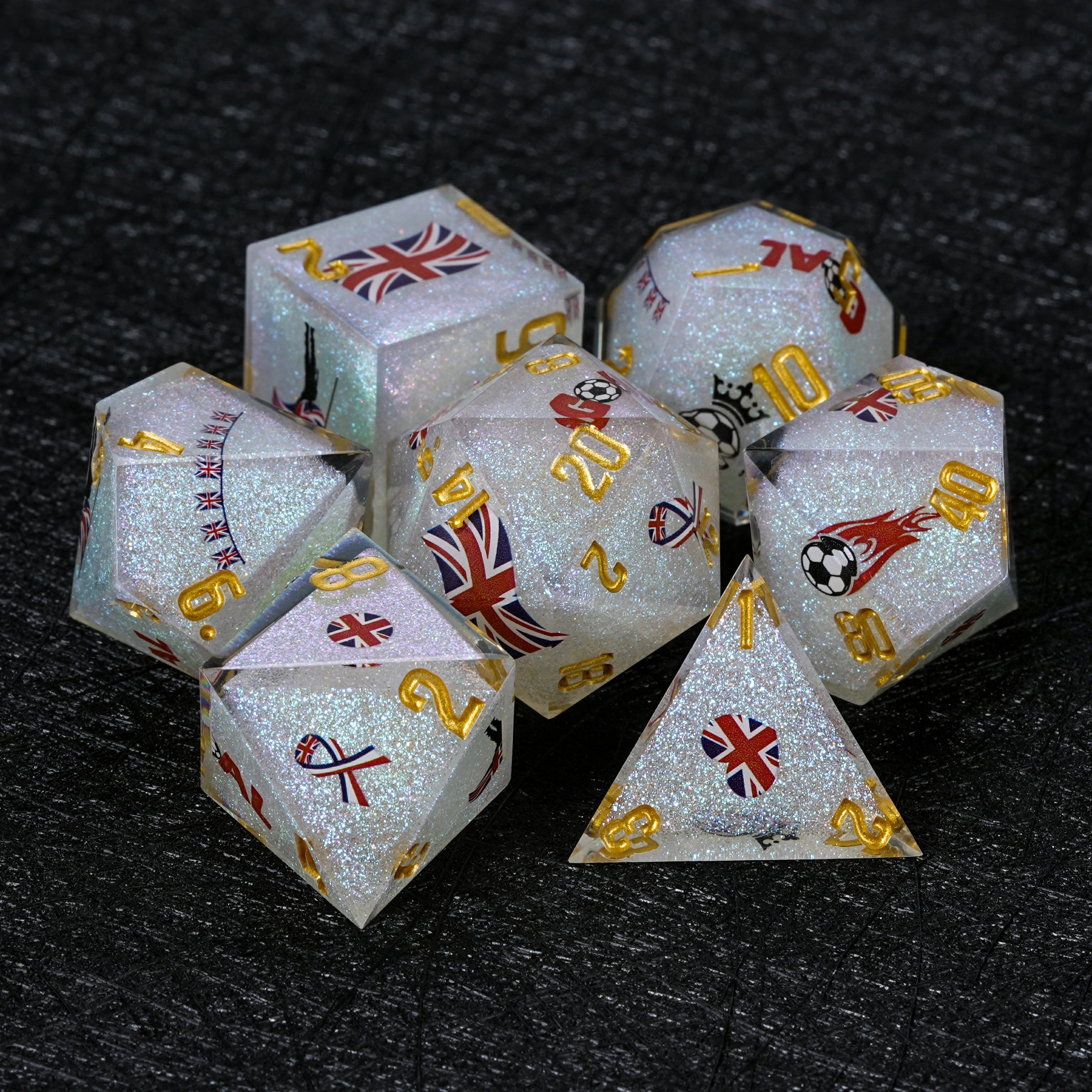 UK Football World Cup Resin Dice Set – White Glitter | 7-Piece RPG Dice