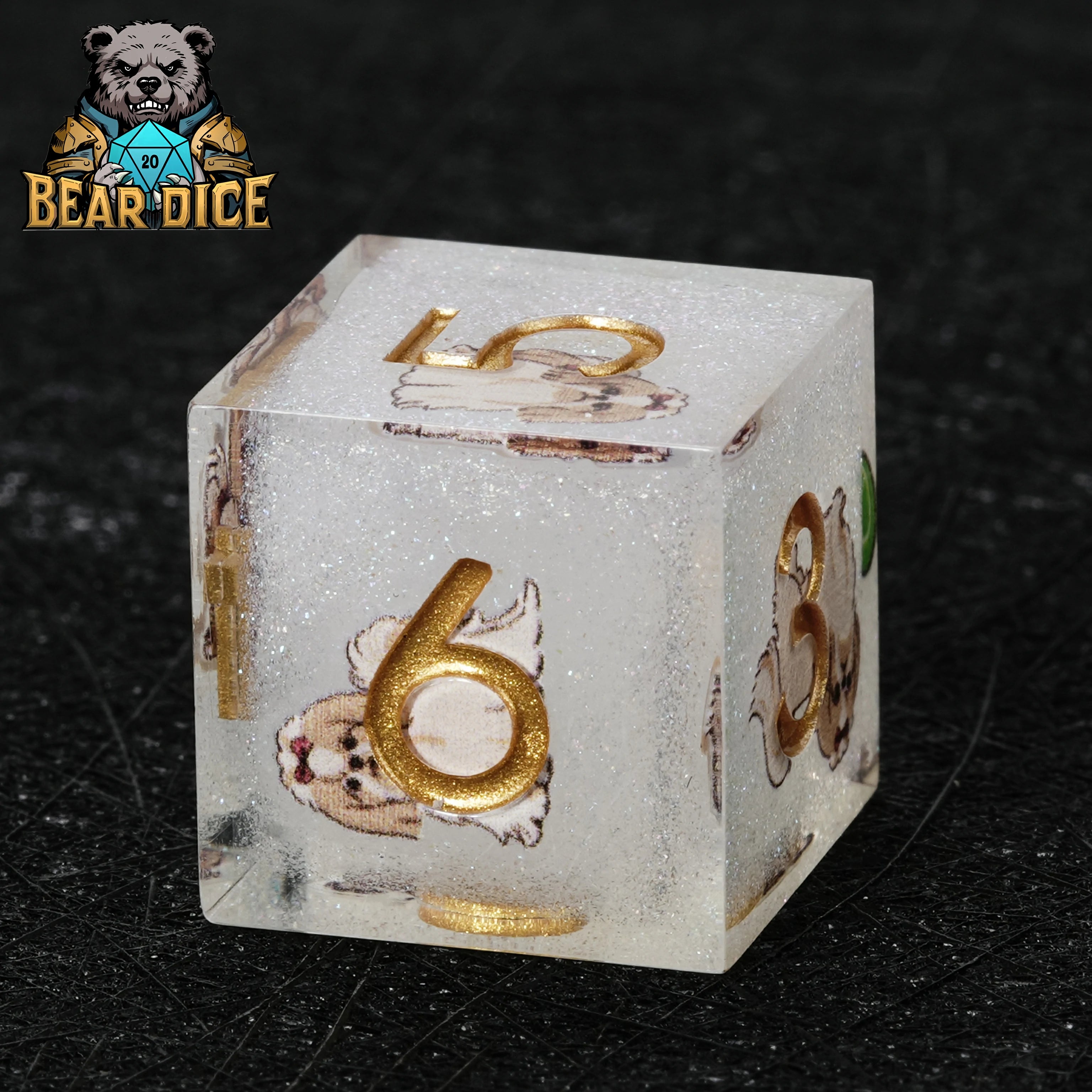 White Glitter Resin Shih Tzu DND D6 Dice Set – Cute RPG Dice for D&D & Tabletop Games