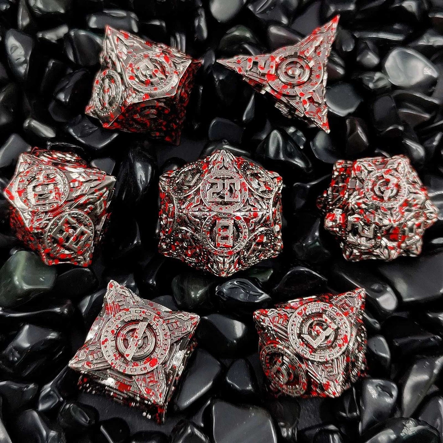 UFO mechanical style metal dice set with blood stains | Bear Dice