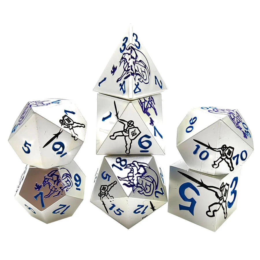 Purple Dragon and Black Warrior White Metal Solid DND Dice Set + Blue Font | Bear Dice