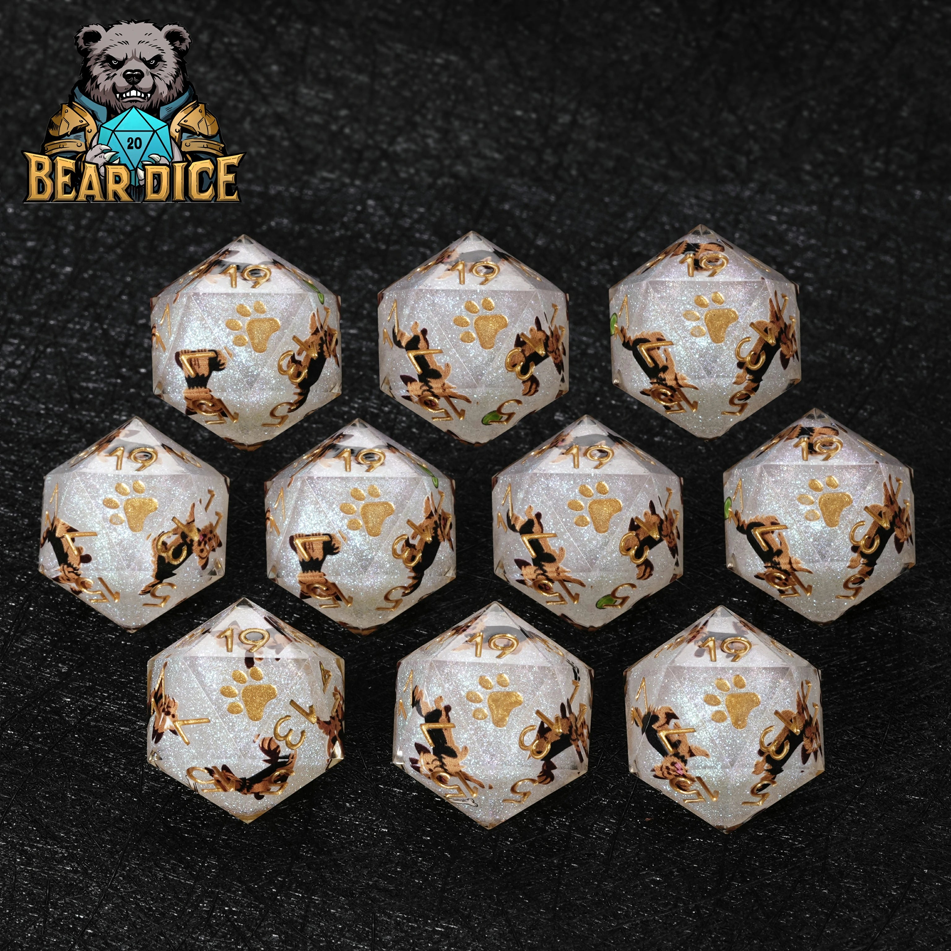Yorkshire Terrier White Glitter Resin DND D20 Dice | Bear Dice