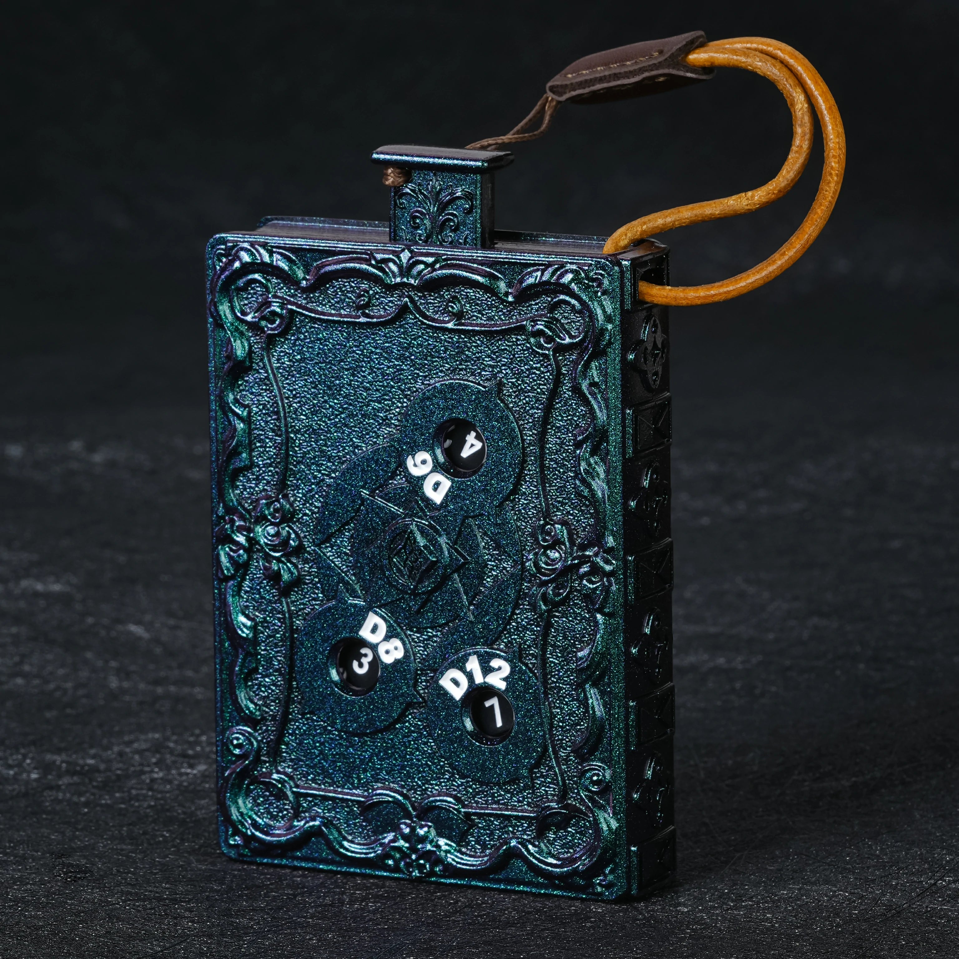 Unique Push-to-Spin Metal Dice | Spellbook Design Spinning Dice Box for DnD & RPG