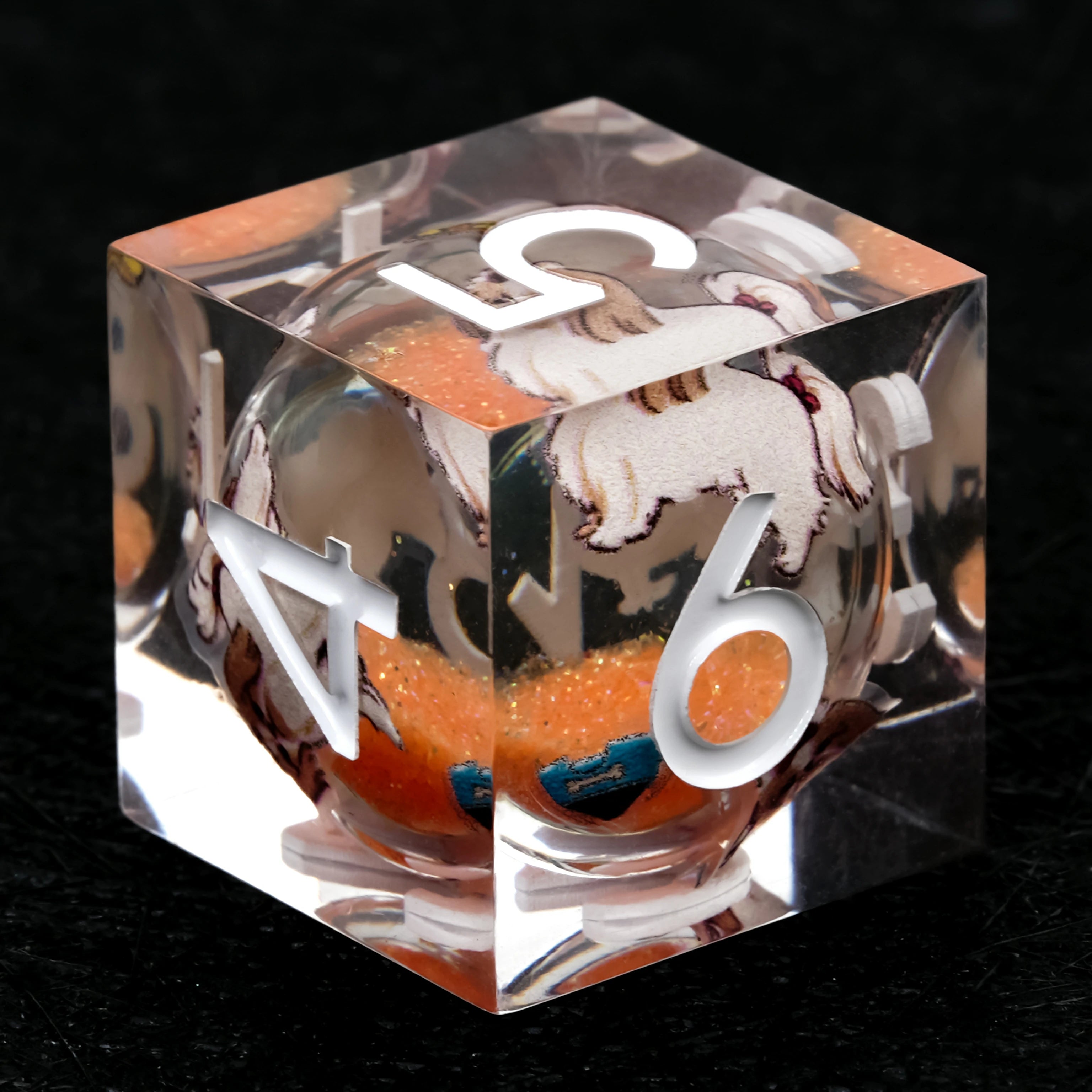 Shih Tzu Orange Liquid-Core Resin Dice Set | White Numbers