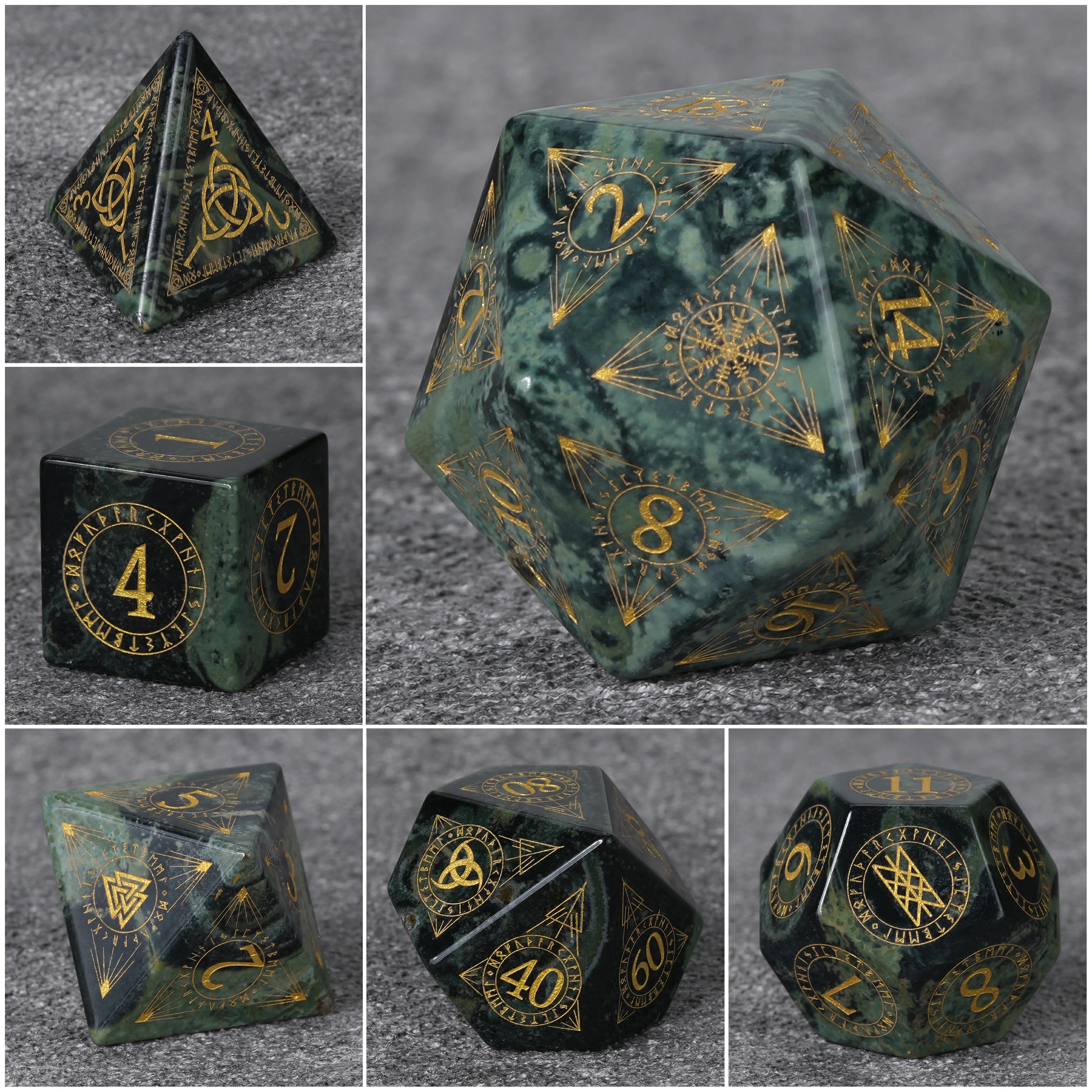 Moss Green Gemstone Dice Set with Mystical Rune Magic Circle