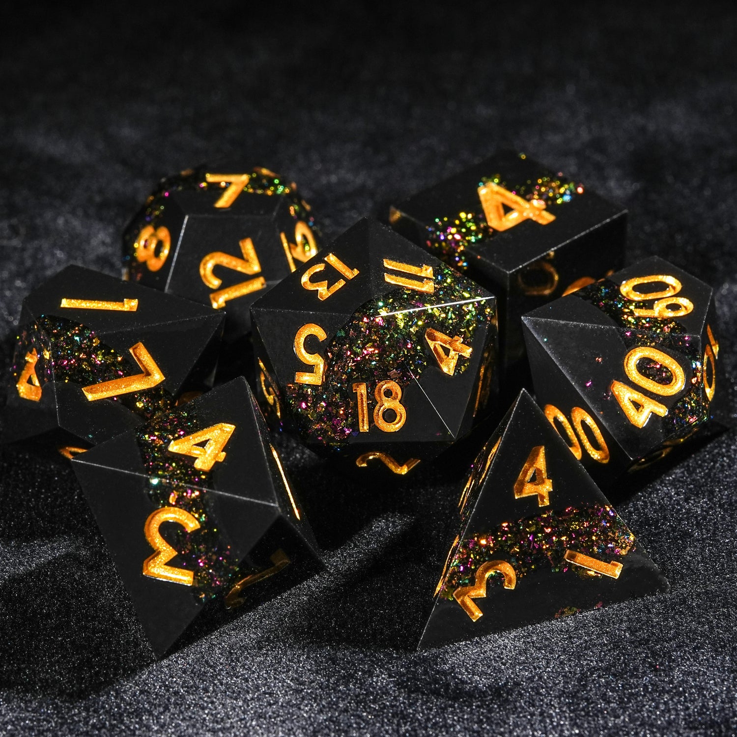 Tri-Color Gold Vein - Black resin dnd dice set gold lettering | Bear Dice