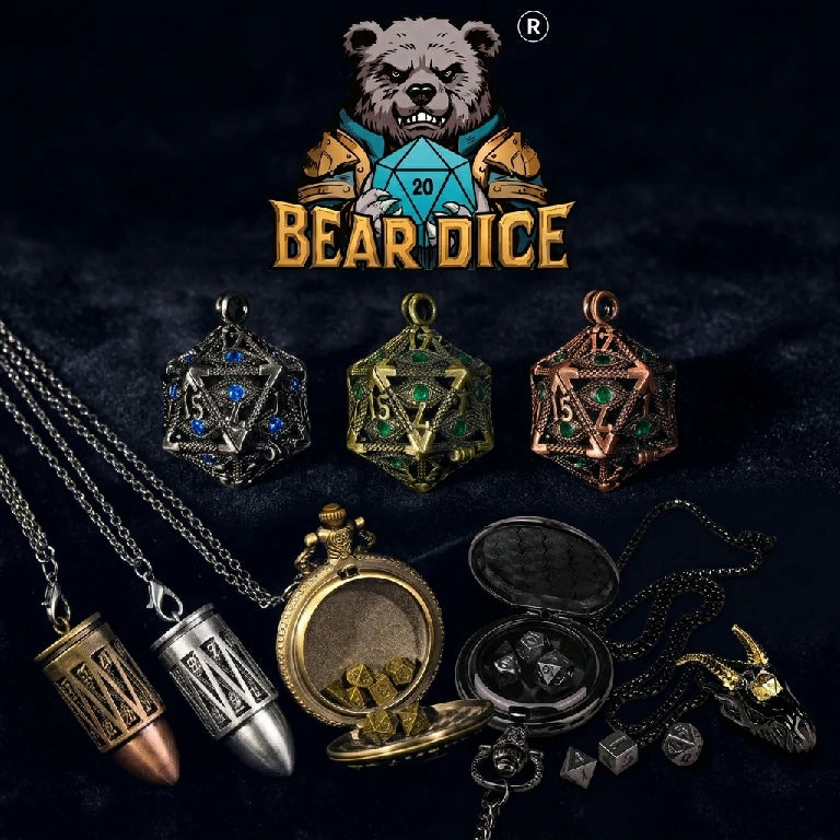 D20 Dice Cage Necklace / Keychain + Mini Metal Dice Set