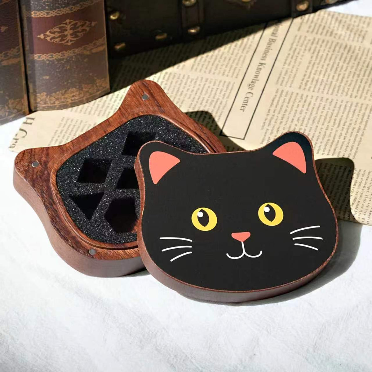 Cute Cat-Themed Wooden Dice Box
