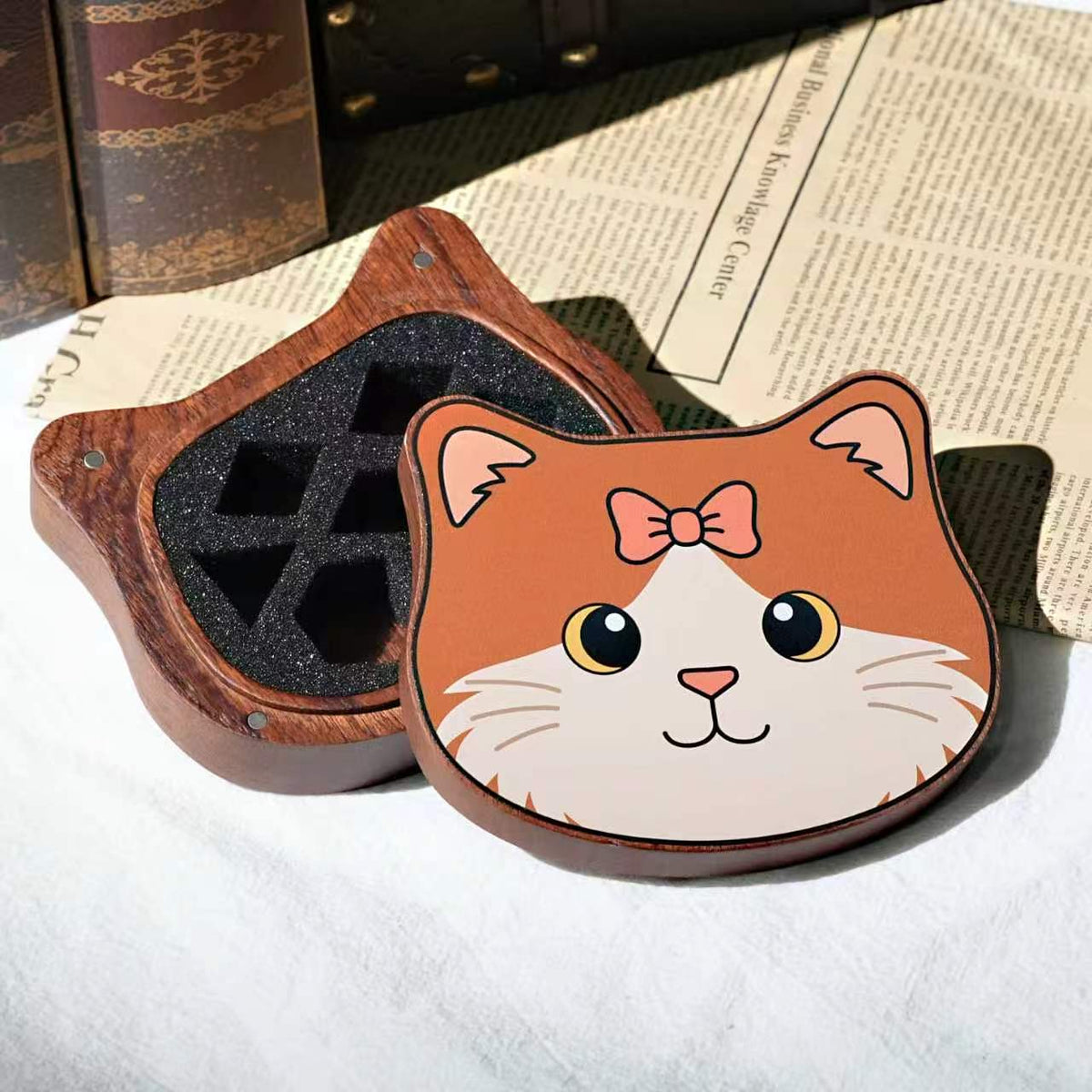 Cute Cat-Themed Wooden Dice Box