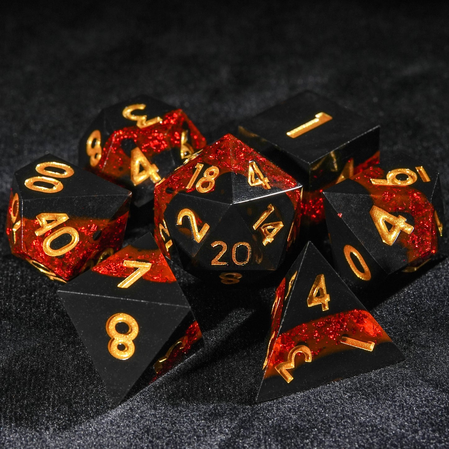 Red Flame River of Stars - Black Resin DND Dice Set + Gold Font | Bear Dice