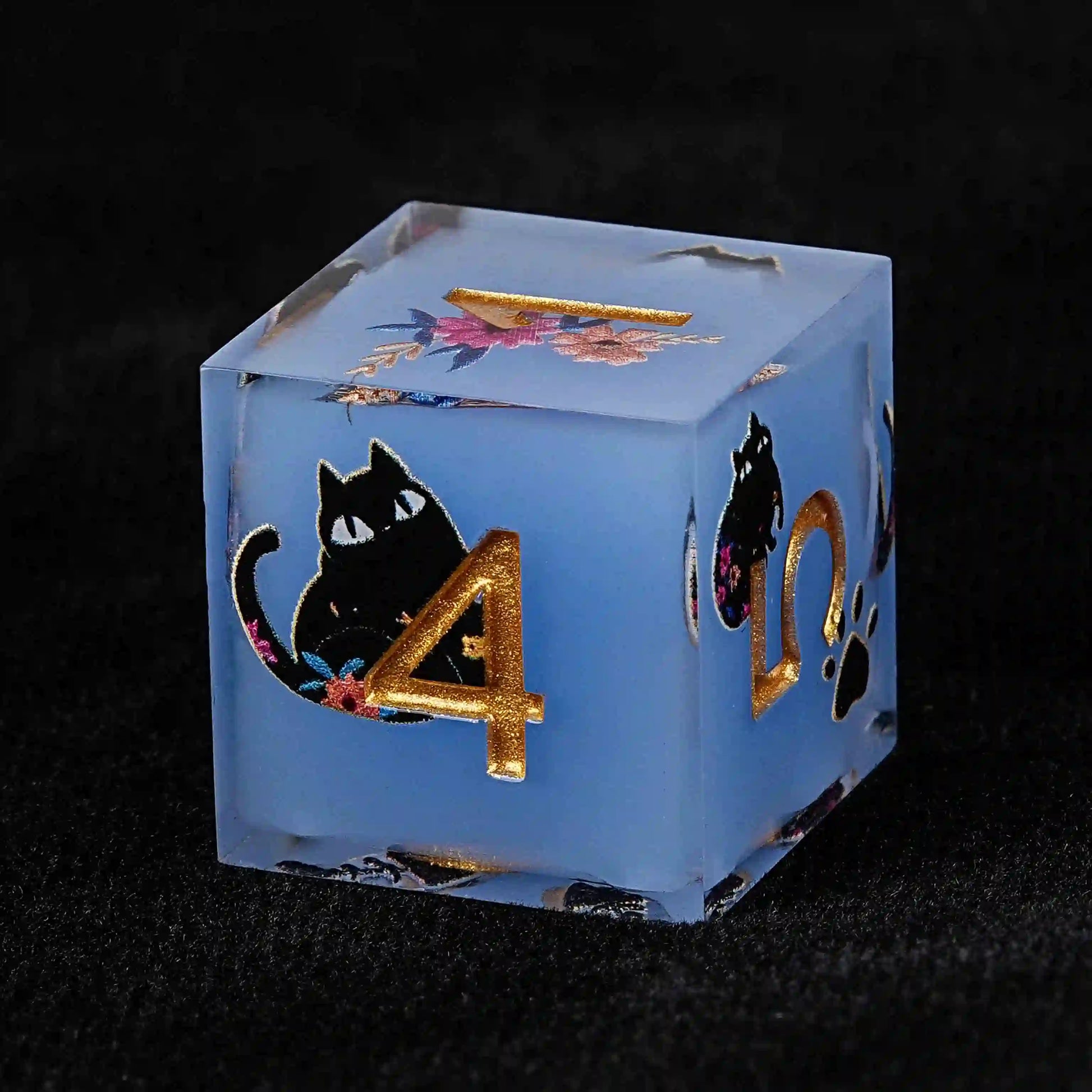 Cool dice sets: 7 gold font polyhedron dnd black cat resin d6 dice | Bear Dice