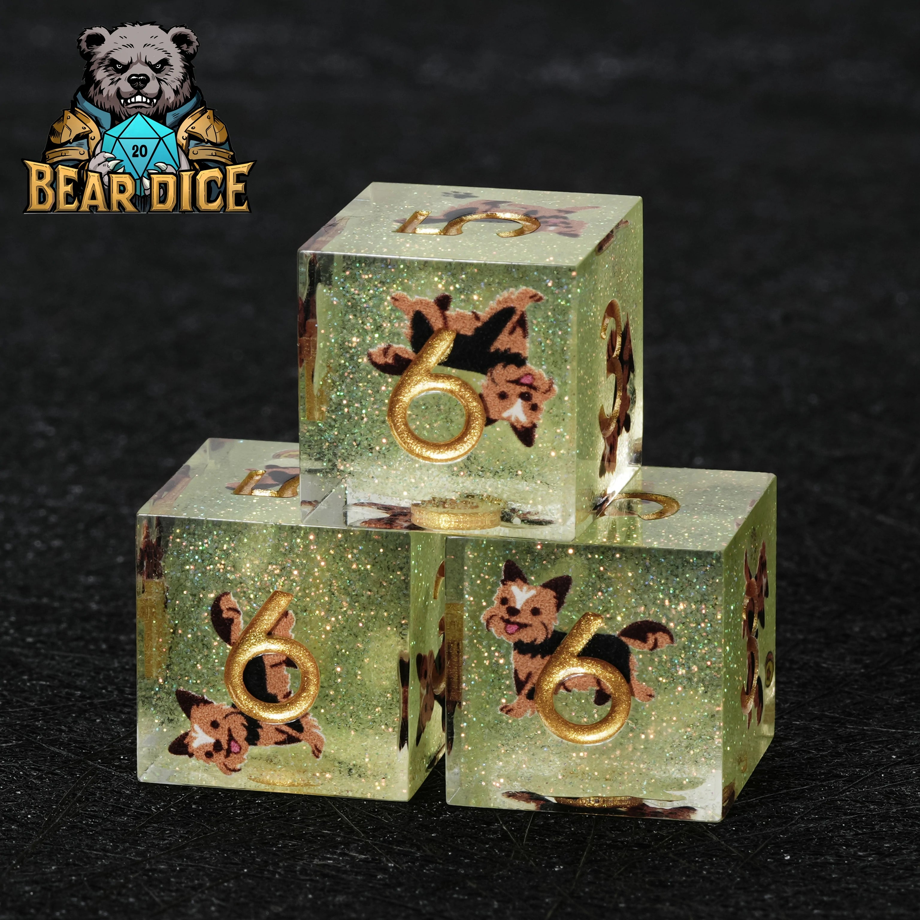 Yorkshire Terrier Green Glitter Resin DND D6 Dice