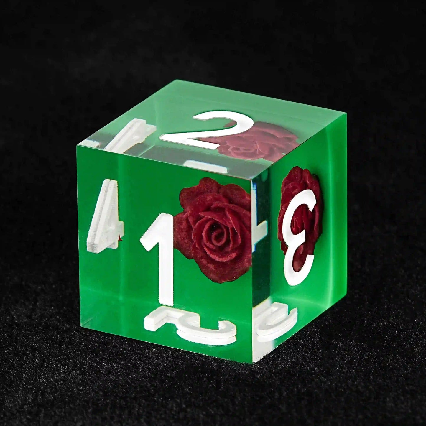 Green Rose Embedded Resin DND D6 Dice + White Numbers | Bear Dice