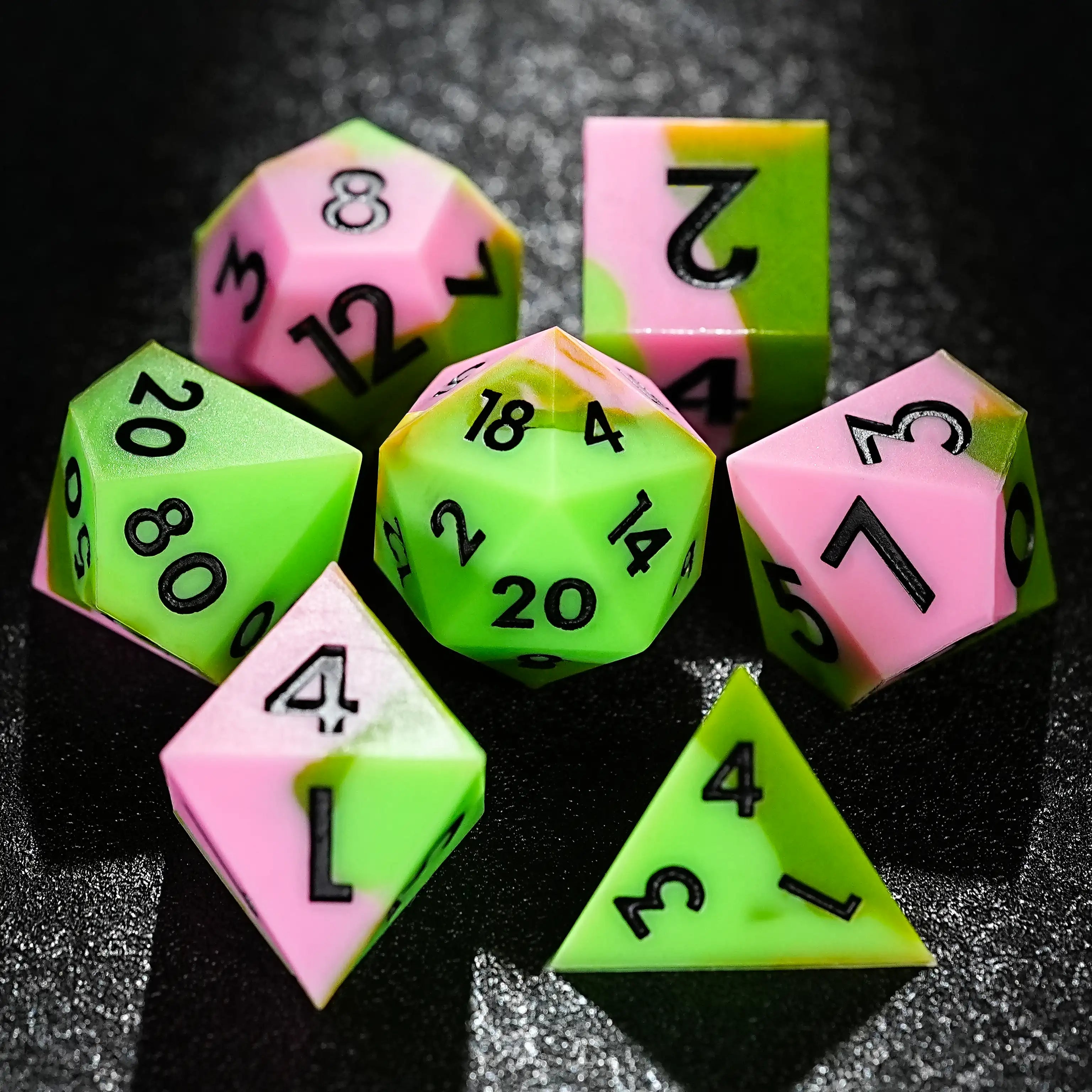 7 Pink Green Silicone Polyhedral RPG Dice + Black Numbers | Bear Dice