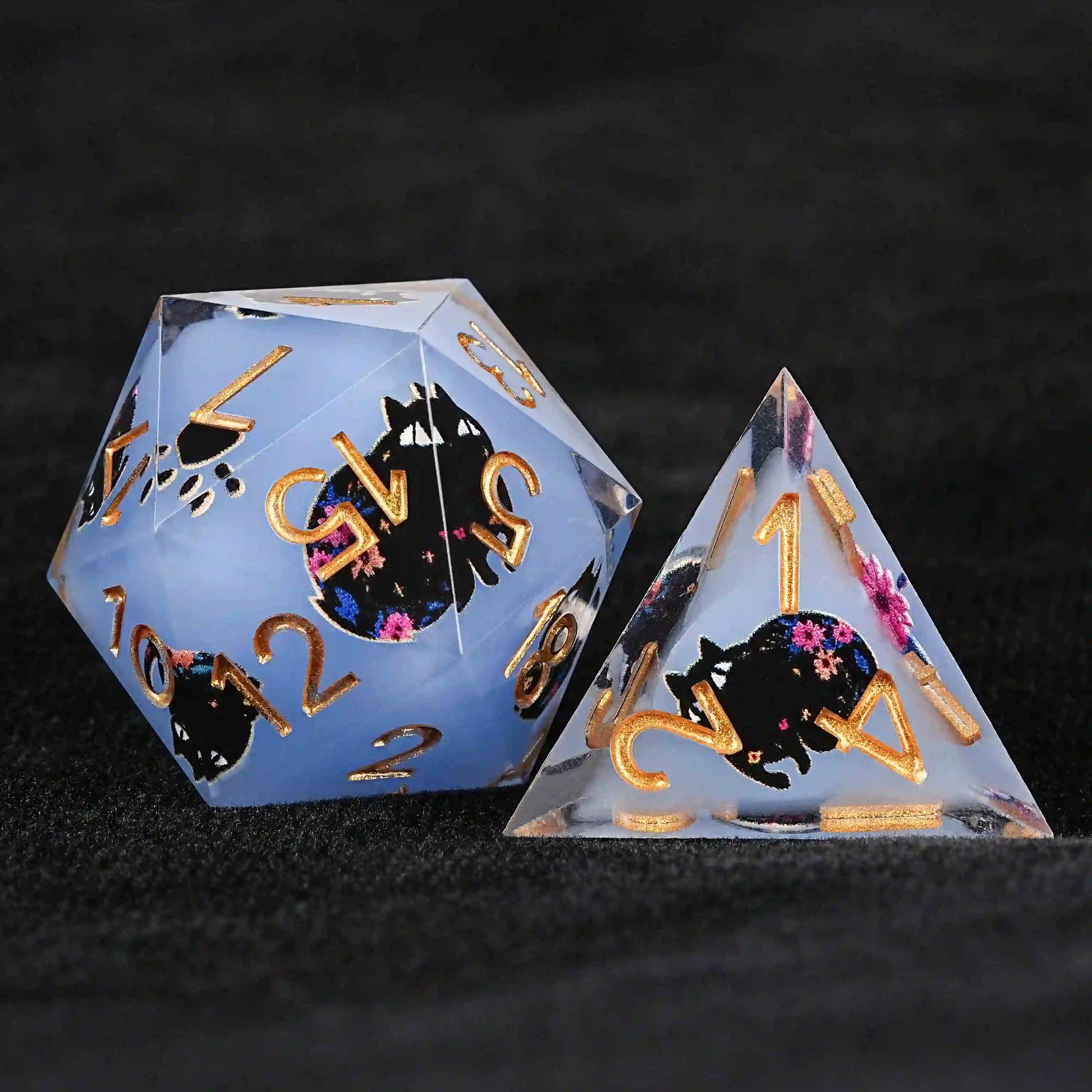 Cool dice sets: 7 gold font polyhedron dnd black cat resin d20 dice +d4 dice| Bear Dice