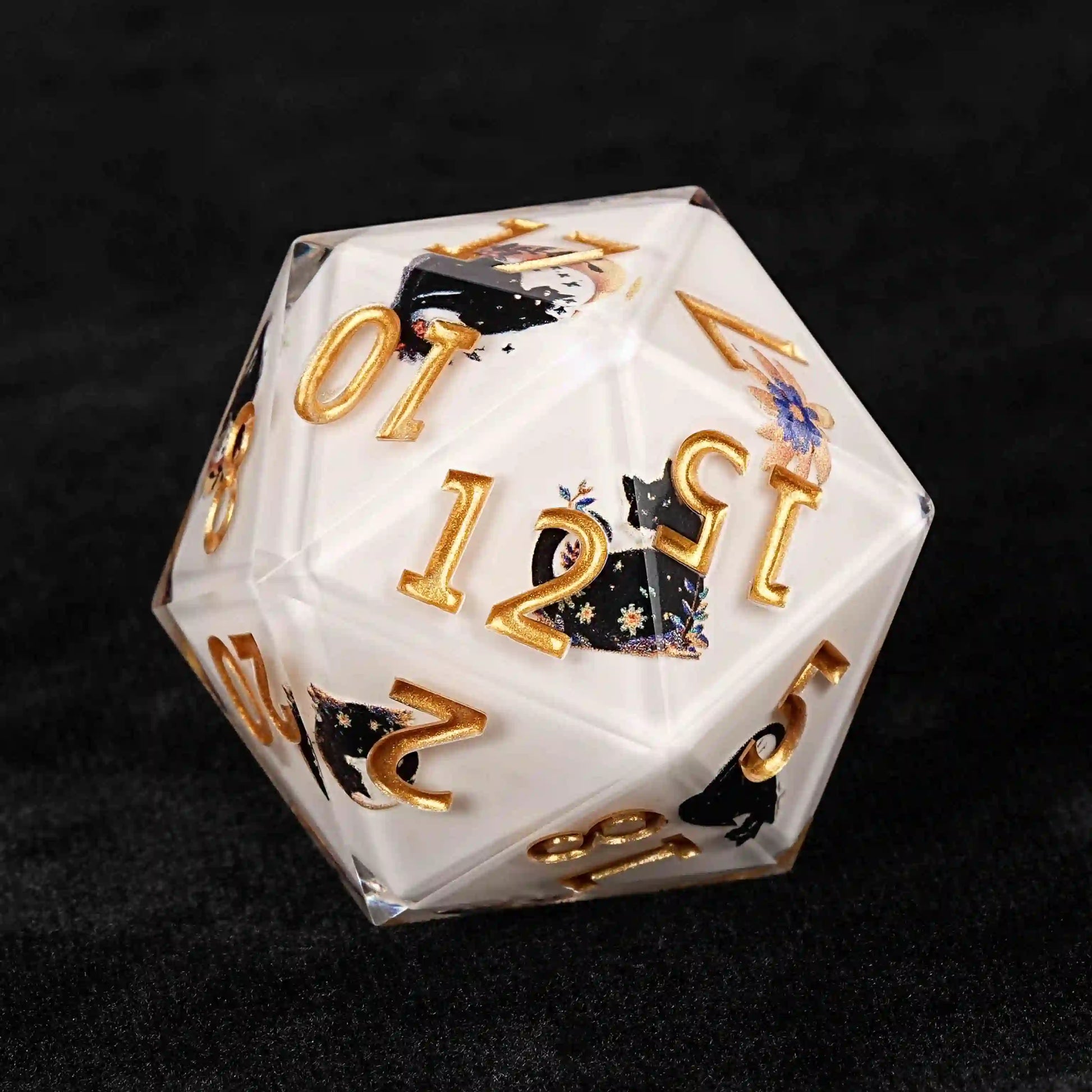 35mm Garden Cat Cream Giant D20 Clear Resin Dice + Gold Numbers | Bear Dice