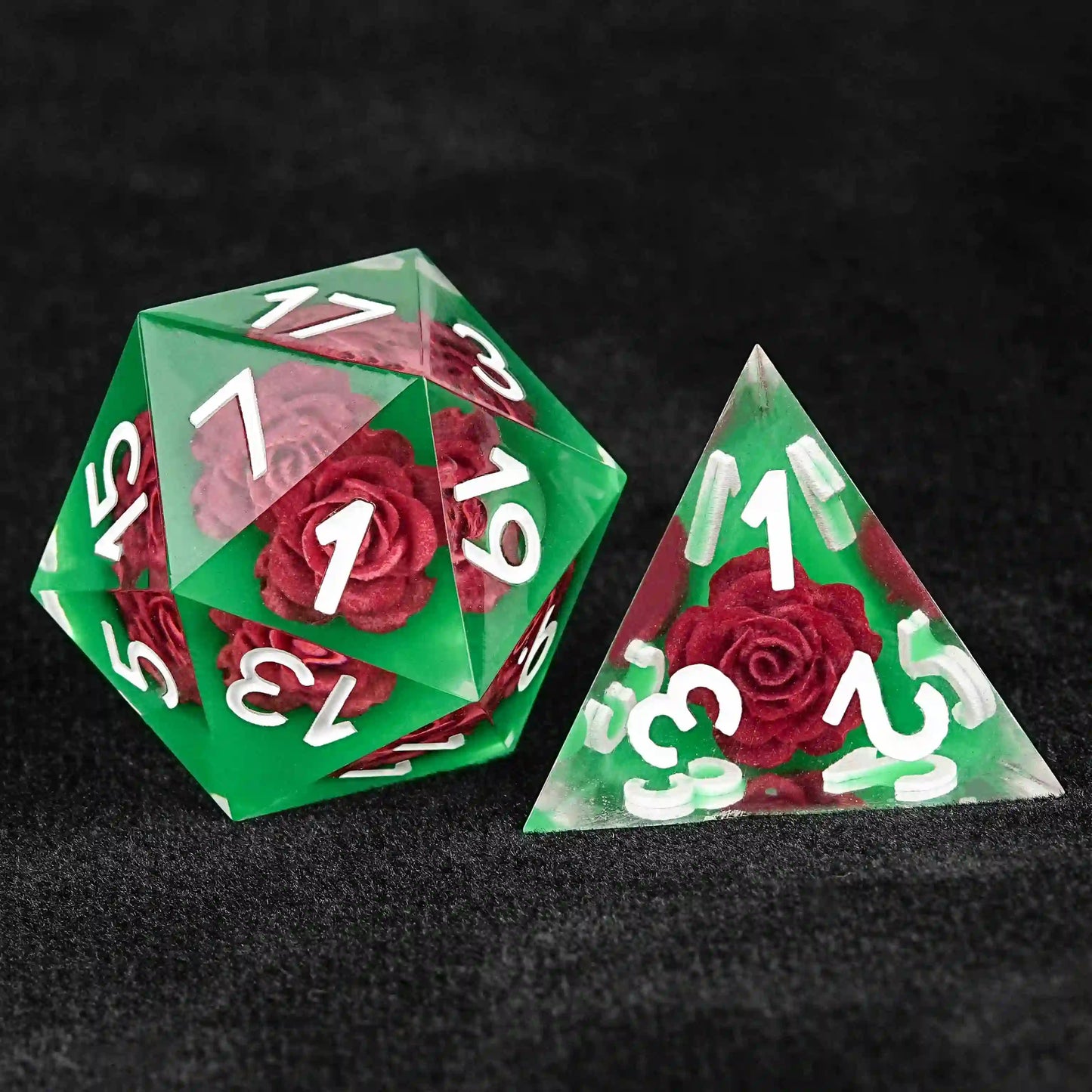 Green Rose Embedded Resin DND D20 Dice + D4 Dice +White Numbers | Bear Dice