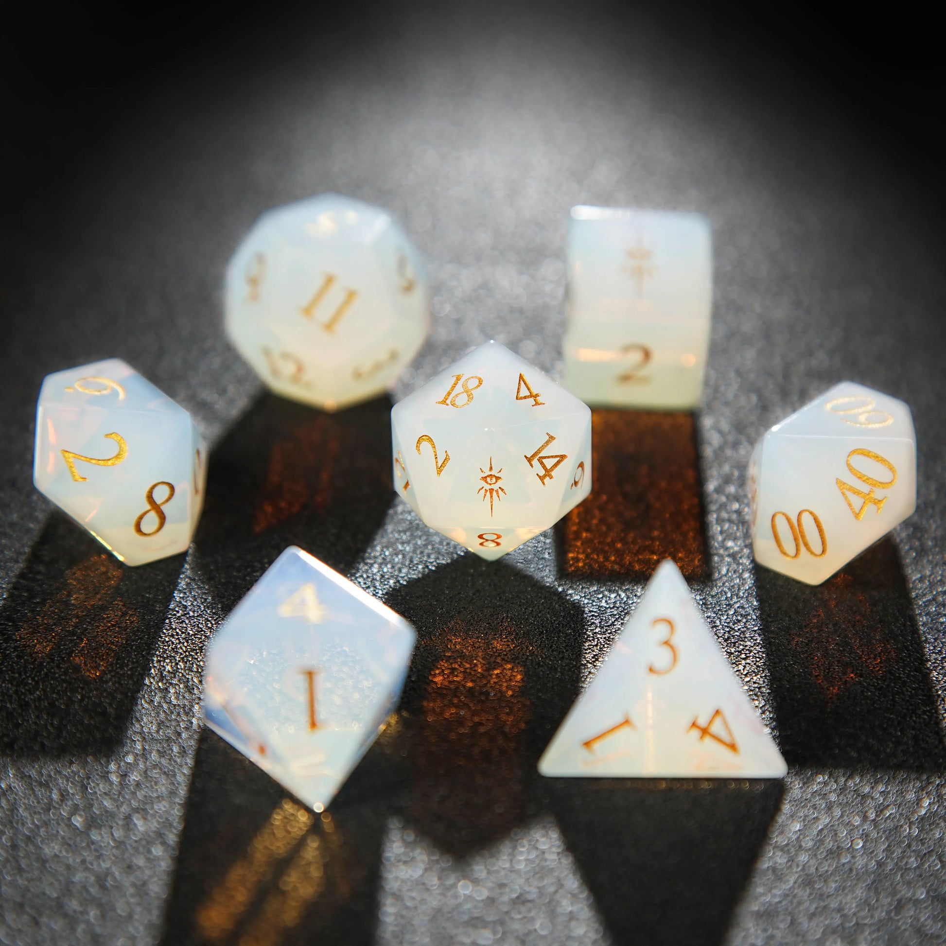 Translucent Cat's Eye Gemstone D&D Dice Set + Gold Numbers | Bear Dice