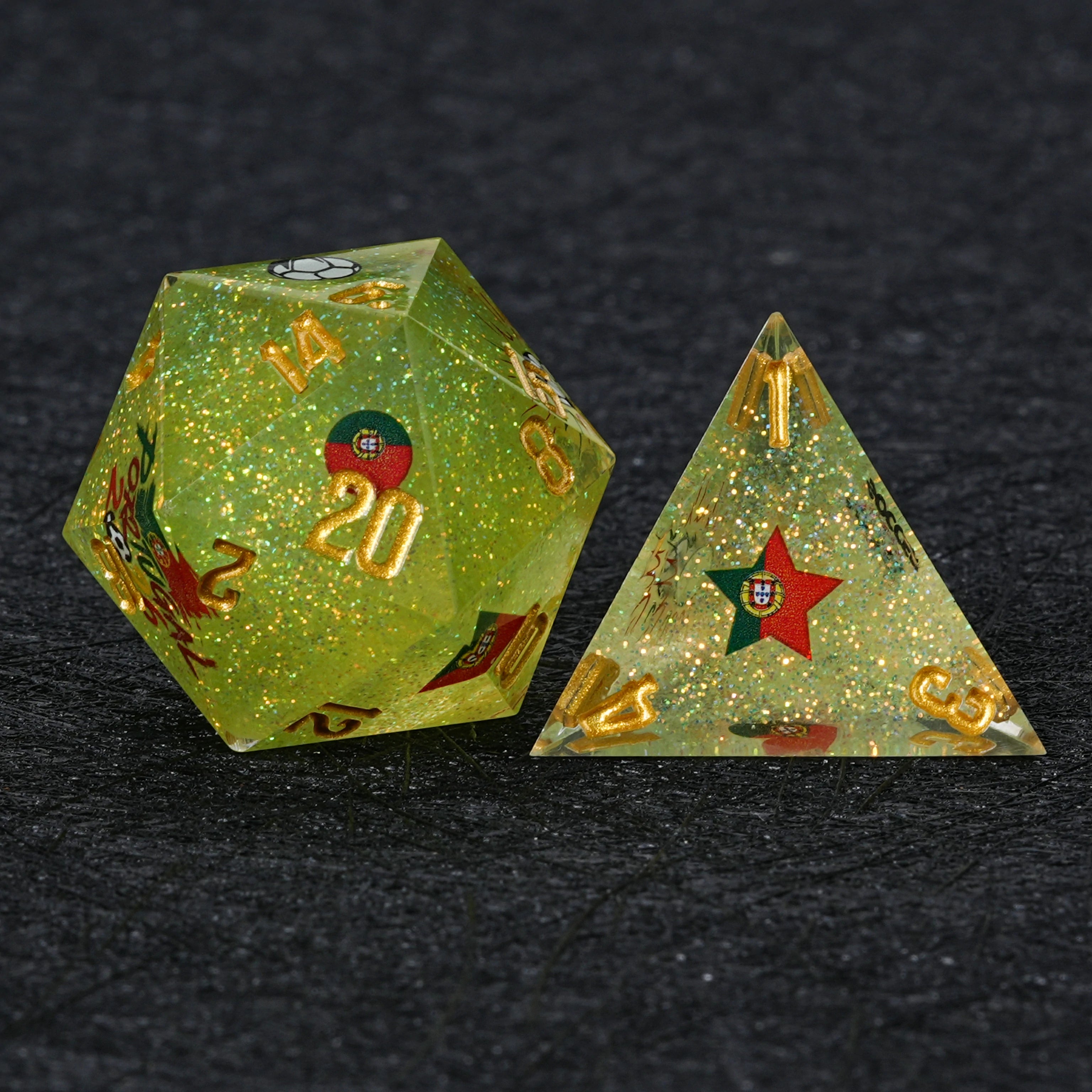 Portugal Soccer DND Dice Set – World Cup Green Glitter Resin Polyhedral Dice