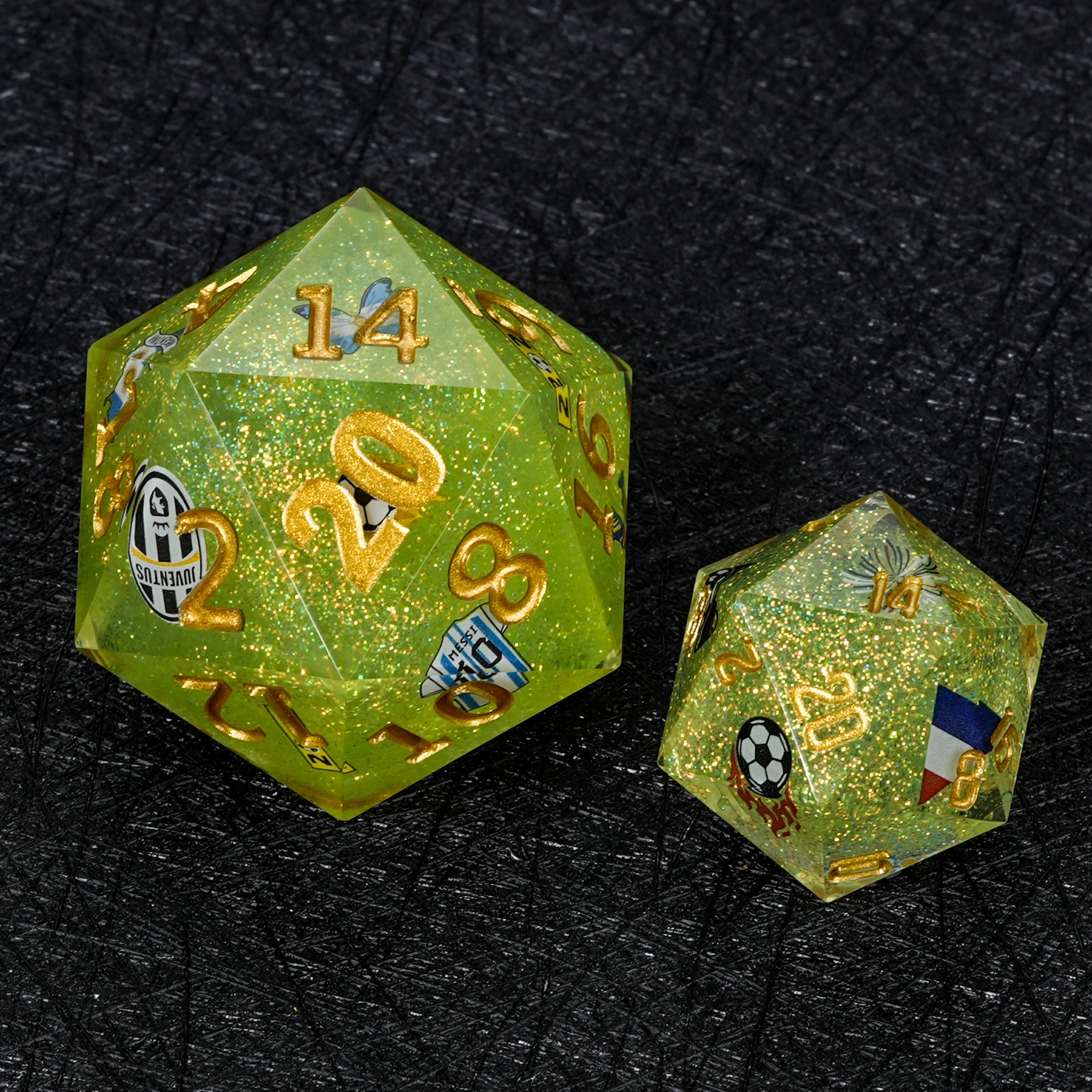 35mm Large D20 Dice – World Cup Argentina Soccer Green Glitter Resin