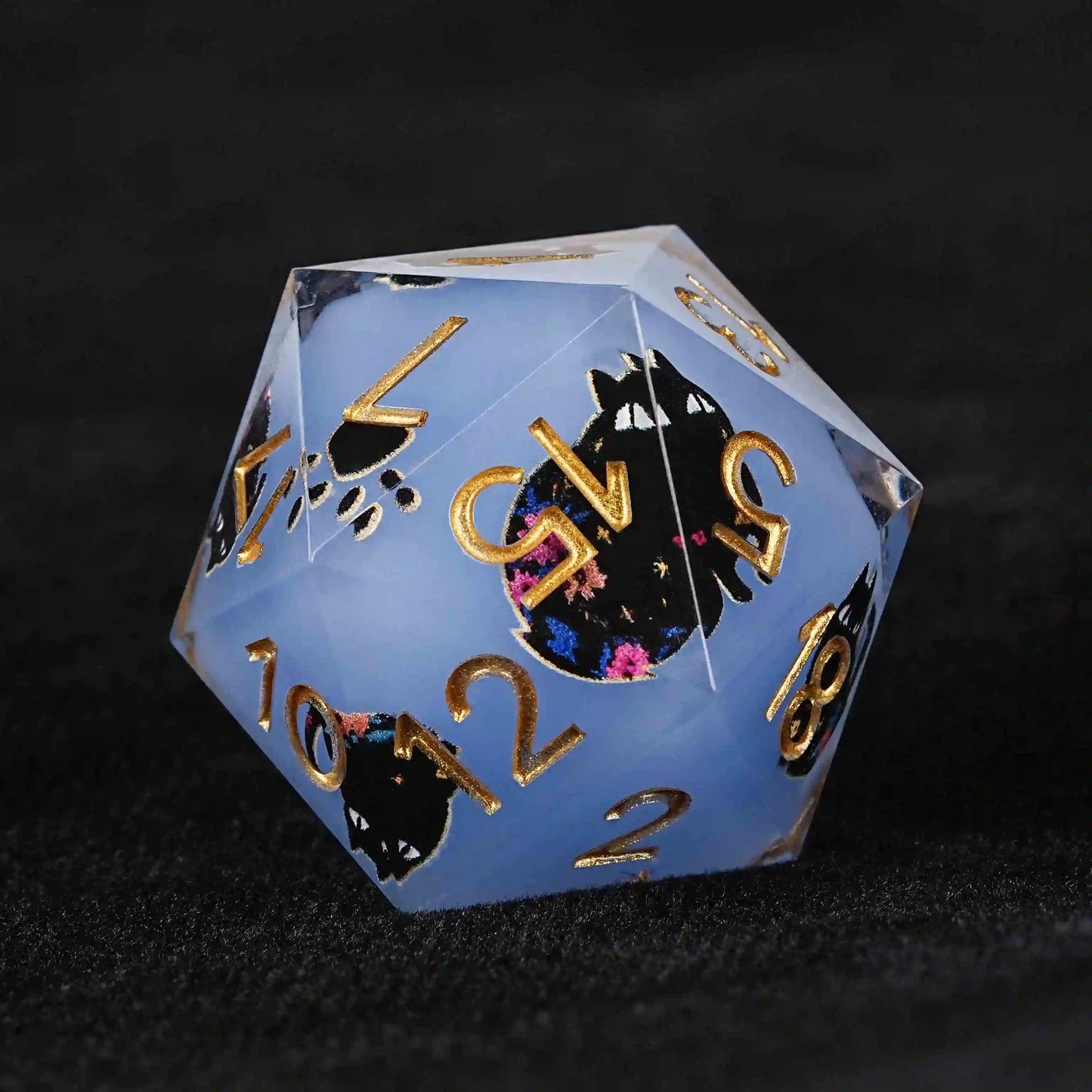 Cool dice sets: 7 gold font polyhedron dnd black cat resin d20 dice | Bear Dice