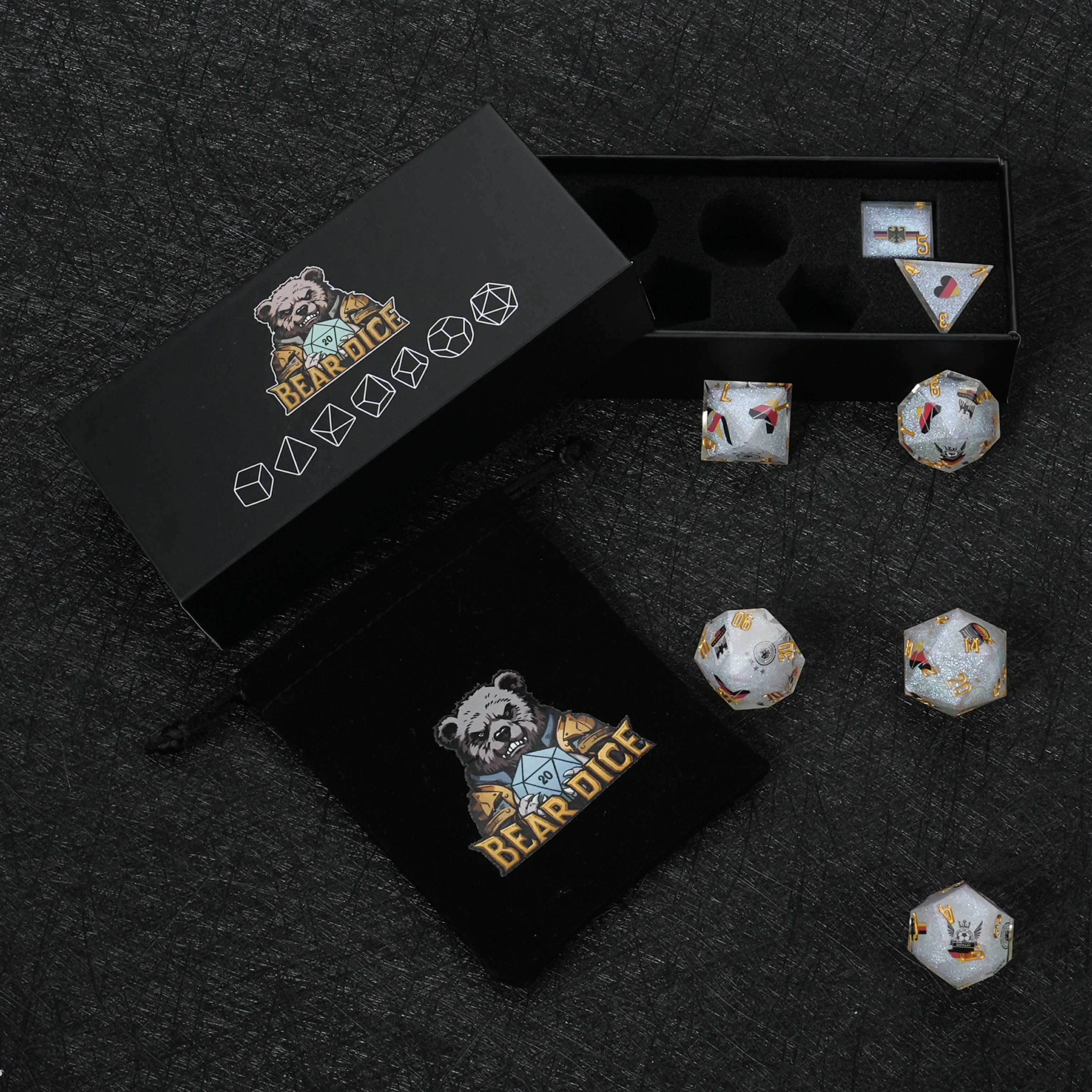 Germany Soccer DND Dice Set – World Cup Kickstarter White Glitter Resin Dice