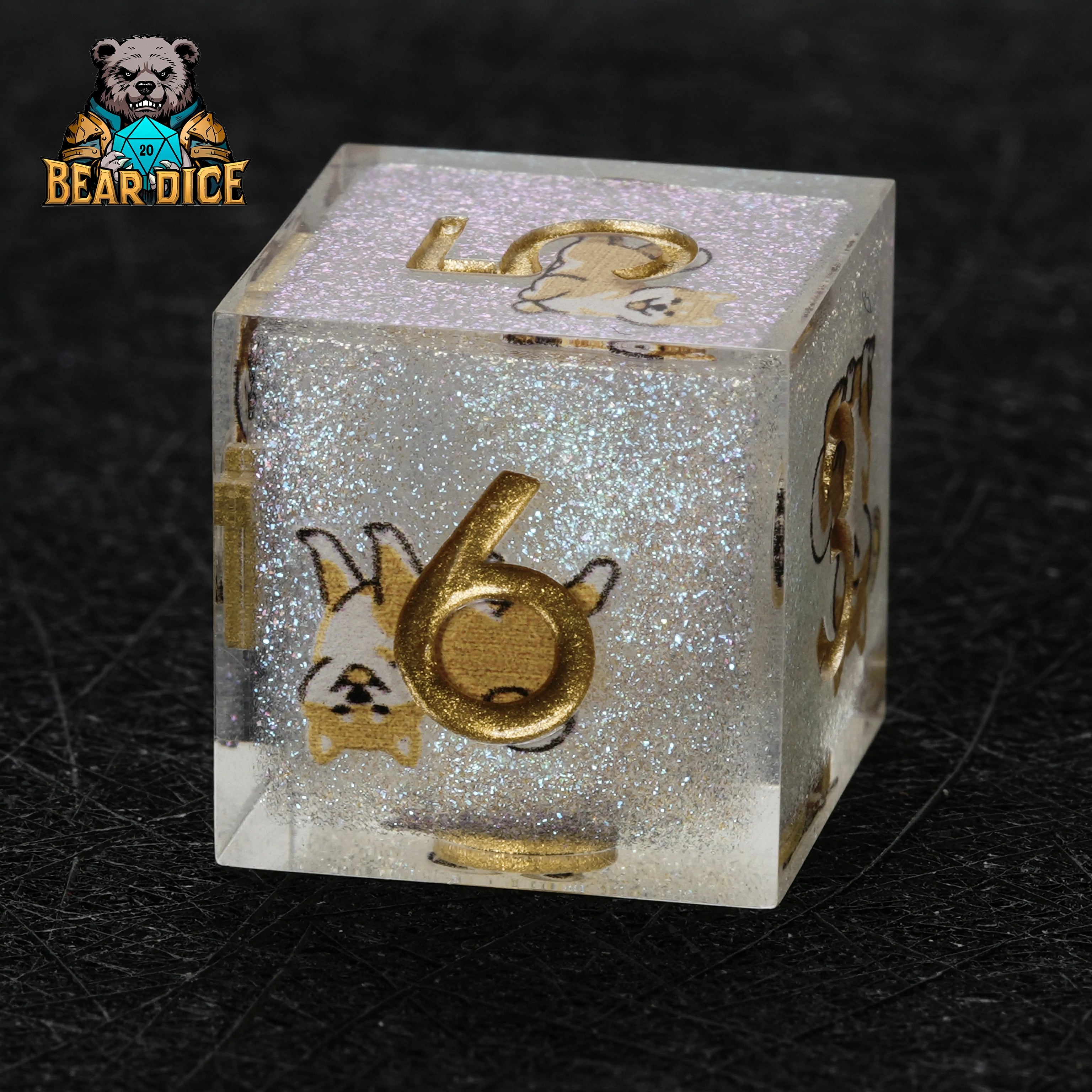 Shiba Inu White Glitter Resin DND D6 Dice | Cute RPG Dice Set