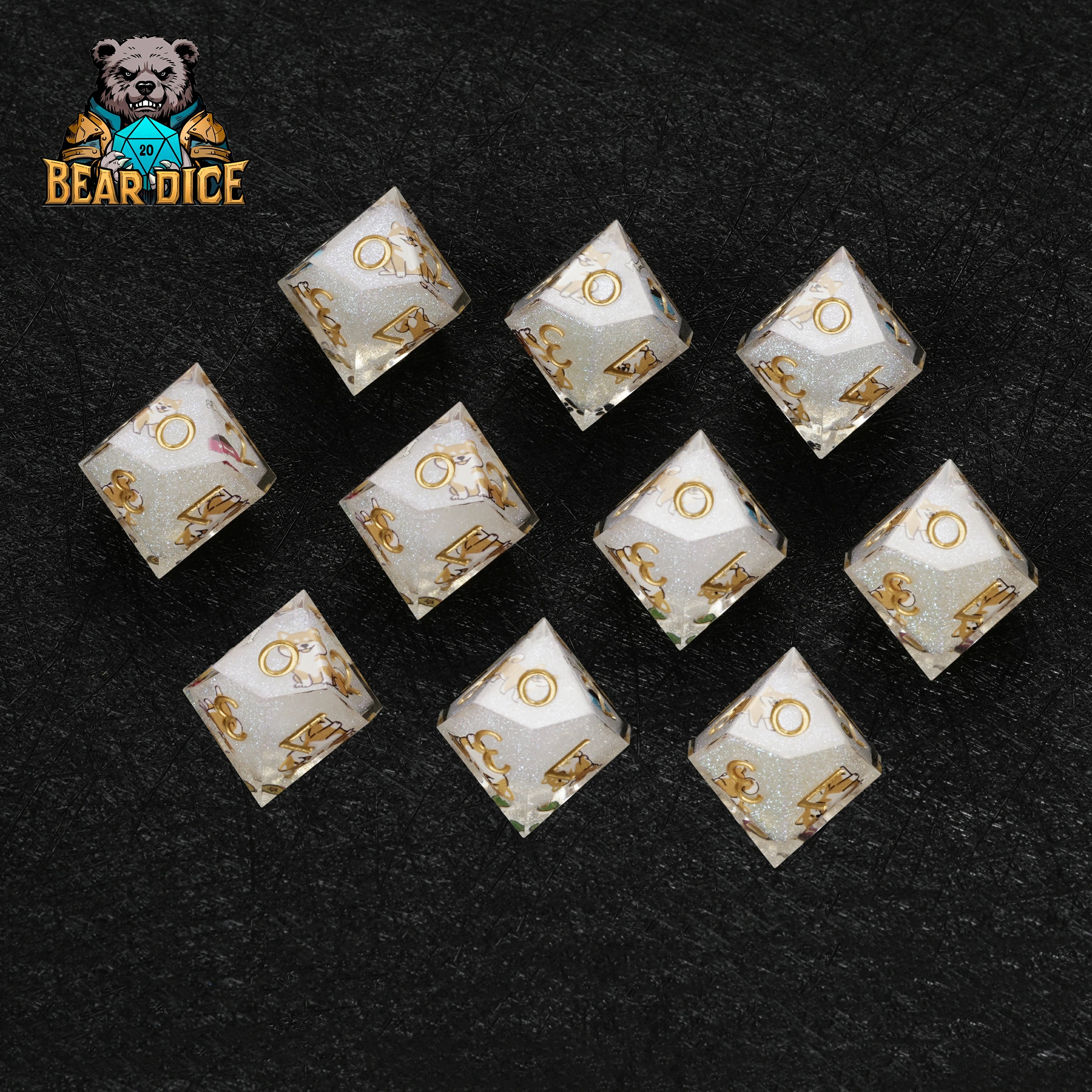 Shiba Inu White Glitter Resin DND D10 Dice | Bear Dice