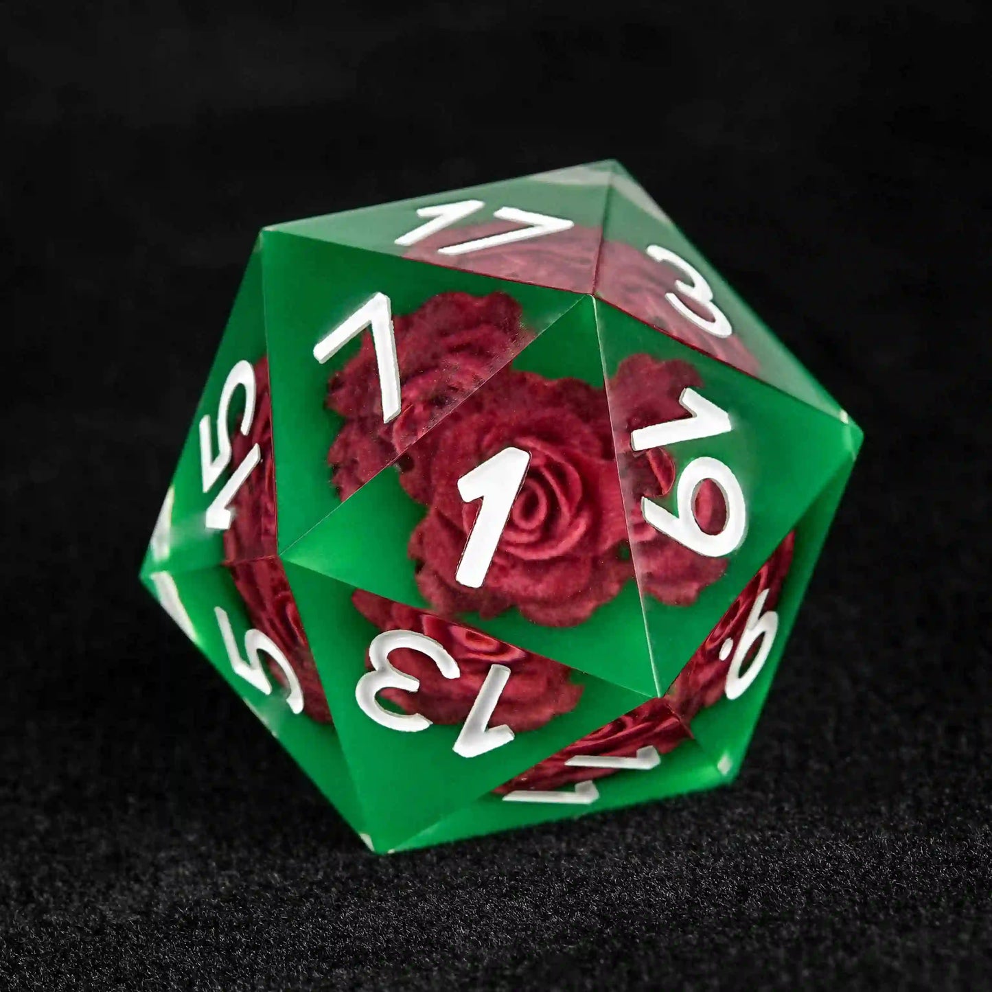 Green Rose Embedded Resin DND D20 Dice +  White Numbers | Bear Dice