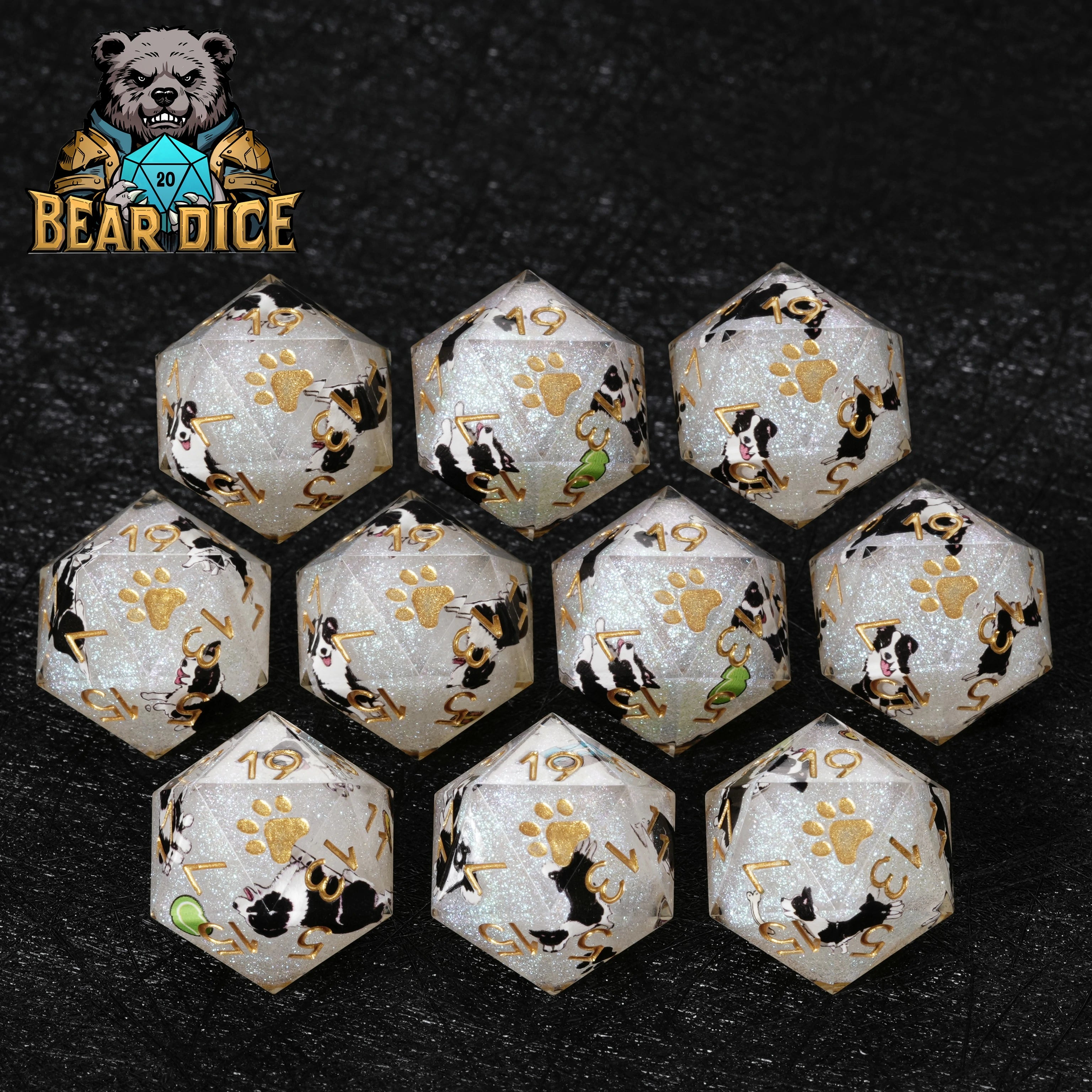 Border Collie White Glitter Resin D&D D20 Dice – Handcrafted RPG Die