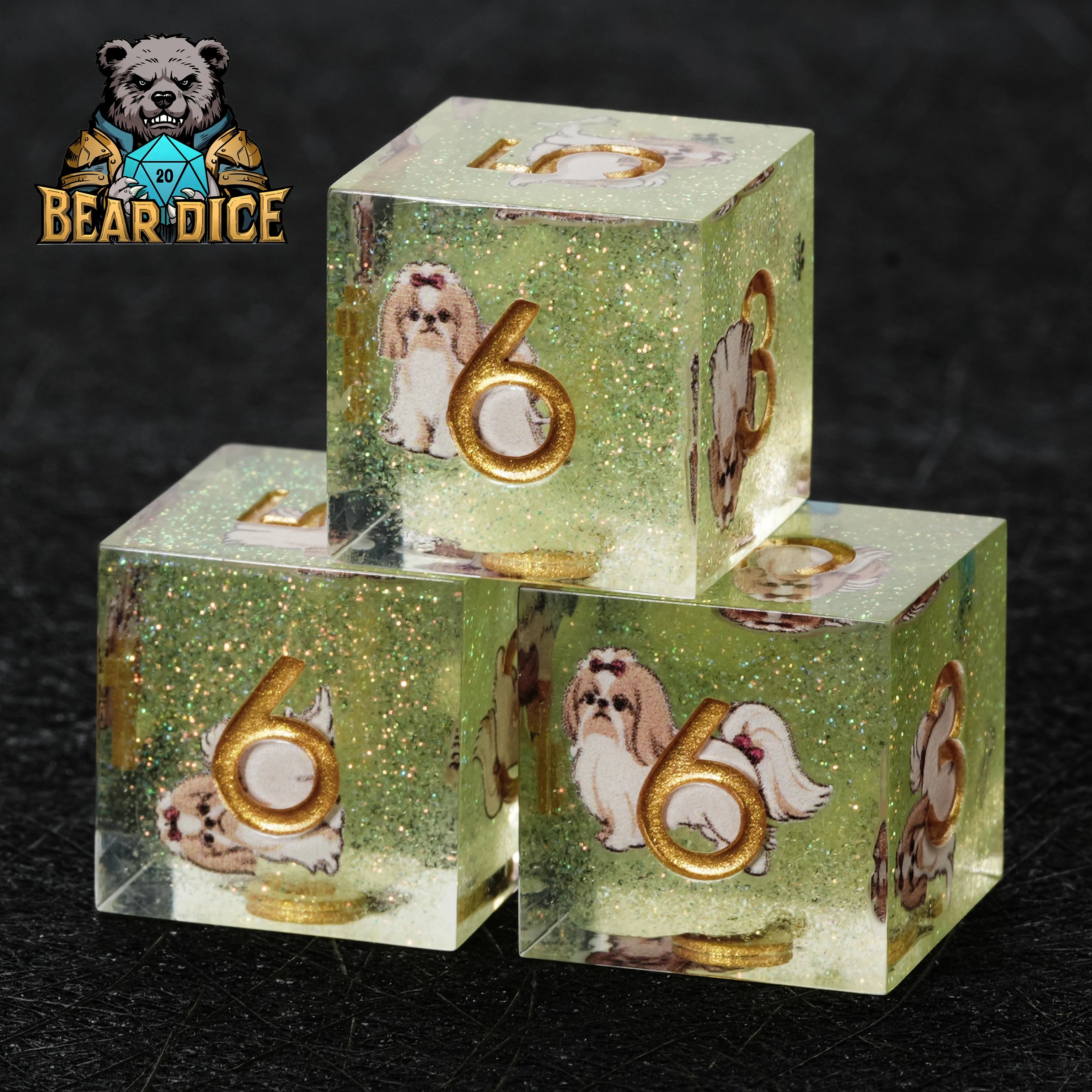 Green Glitter Resin Shih Tzu DND D6 Dice Set – Handcrafted RPG Dice