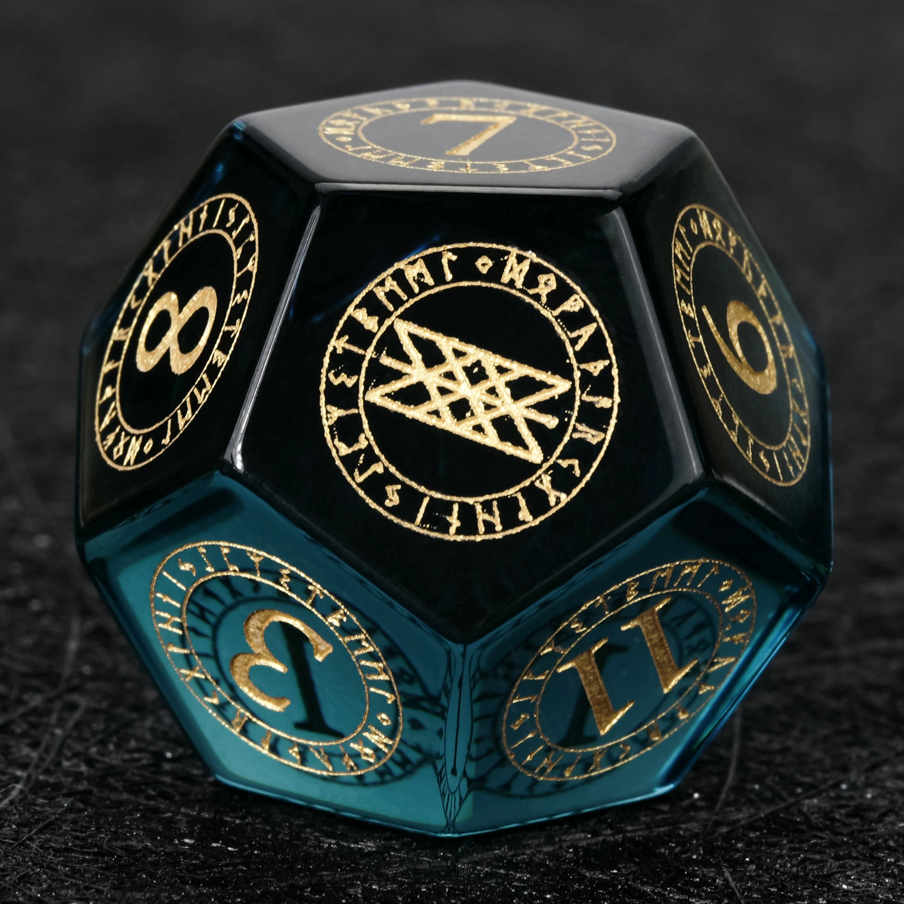 Blue Crystal Glass Dice Set with Gold Magical Runes