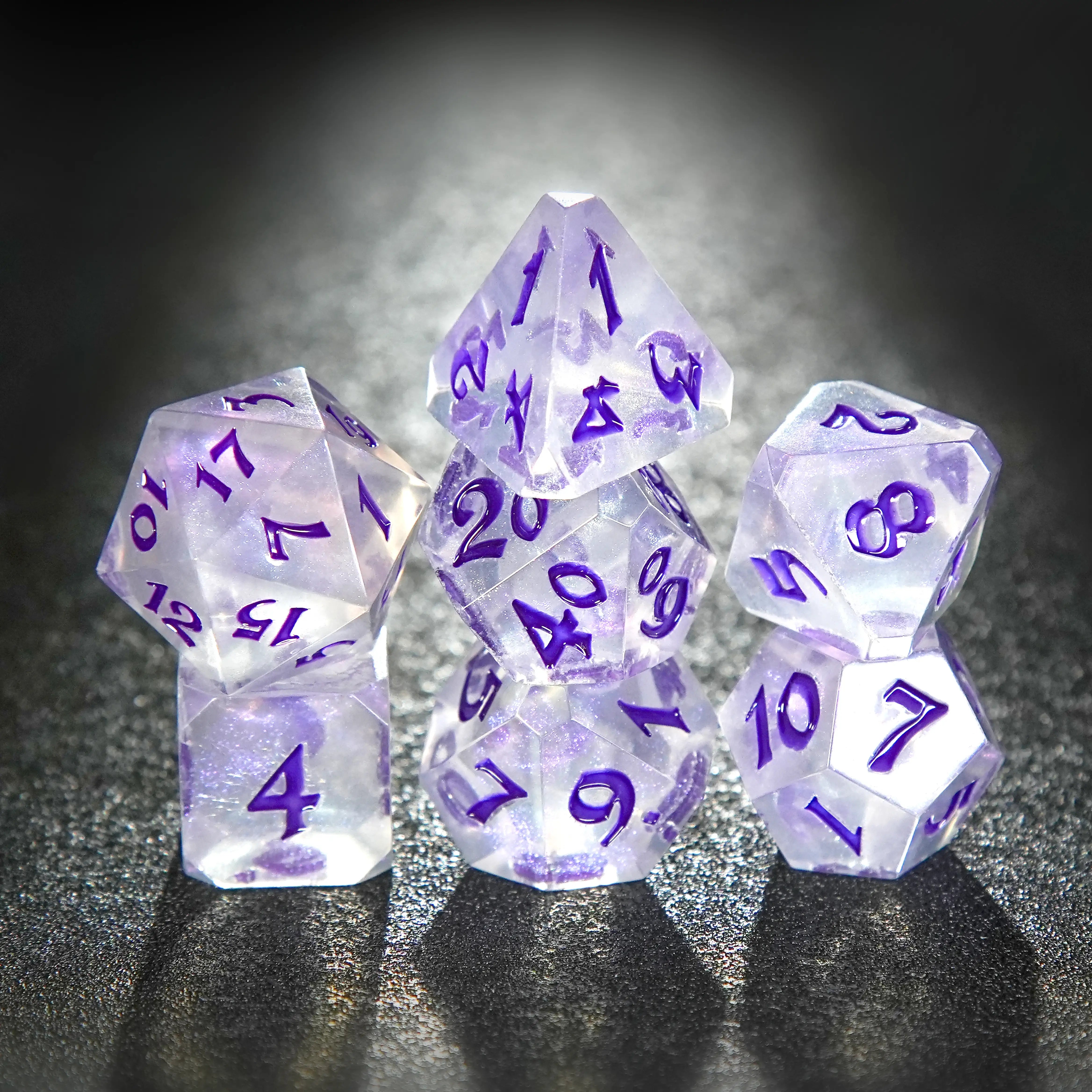 Transparent flat-angle acrylic polyhedron RPG dice set + purple liquid font | Bear Dice
