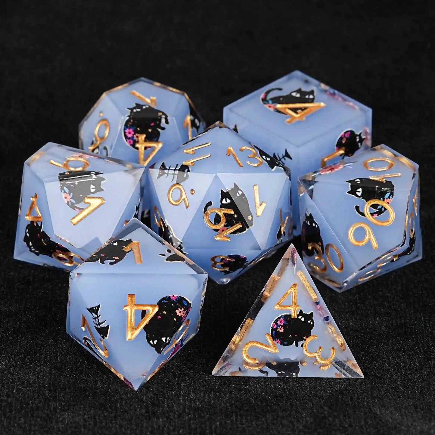 Cool dice sets: 7 gold font polyhedron dnd black cat resin dice set | Bear Dice