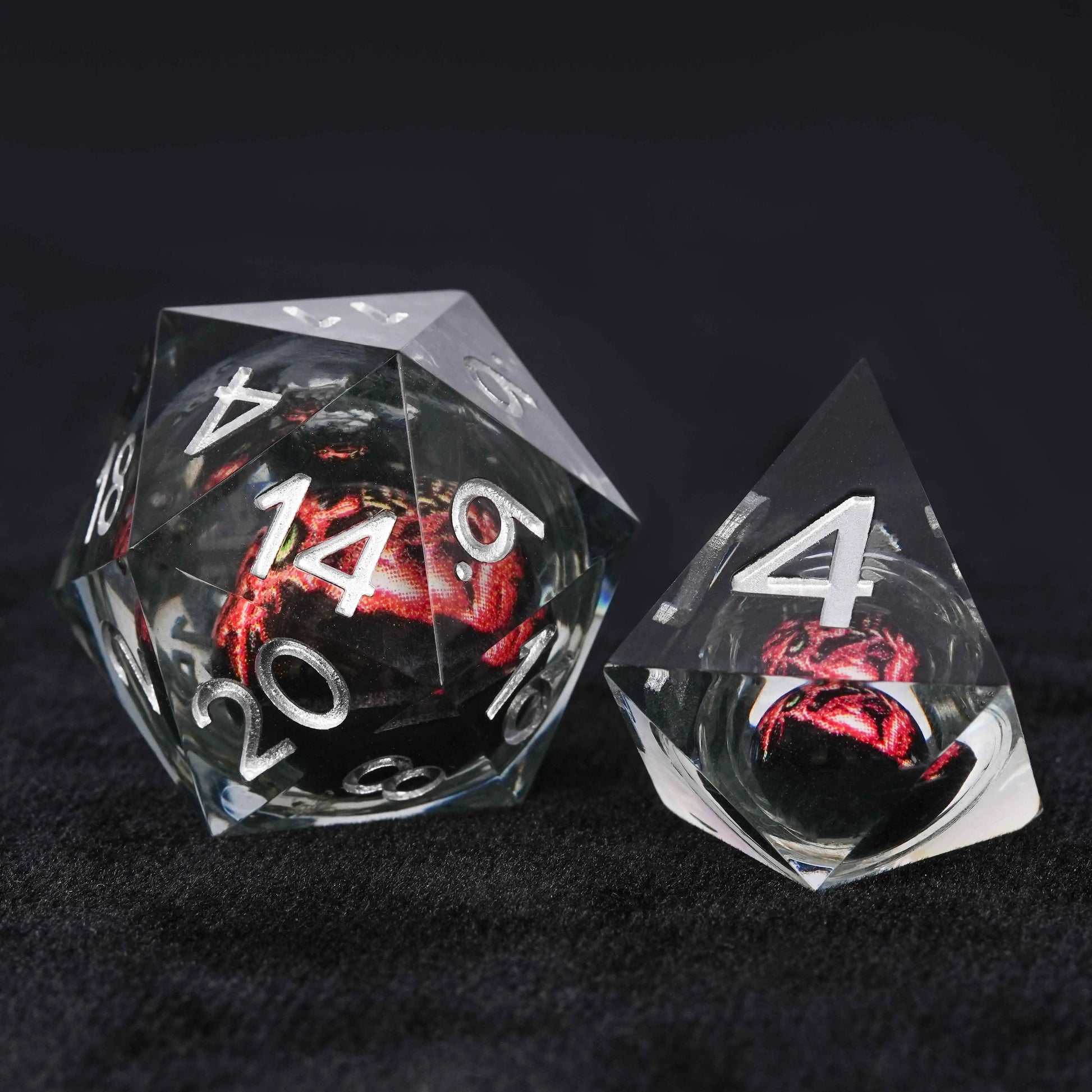 Black Fangs Monster Liquid Core Resin DND D20 Dice + D4 Dice + Silver Font | Bear Dice