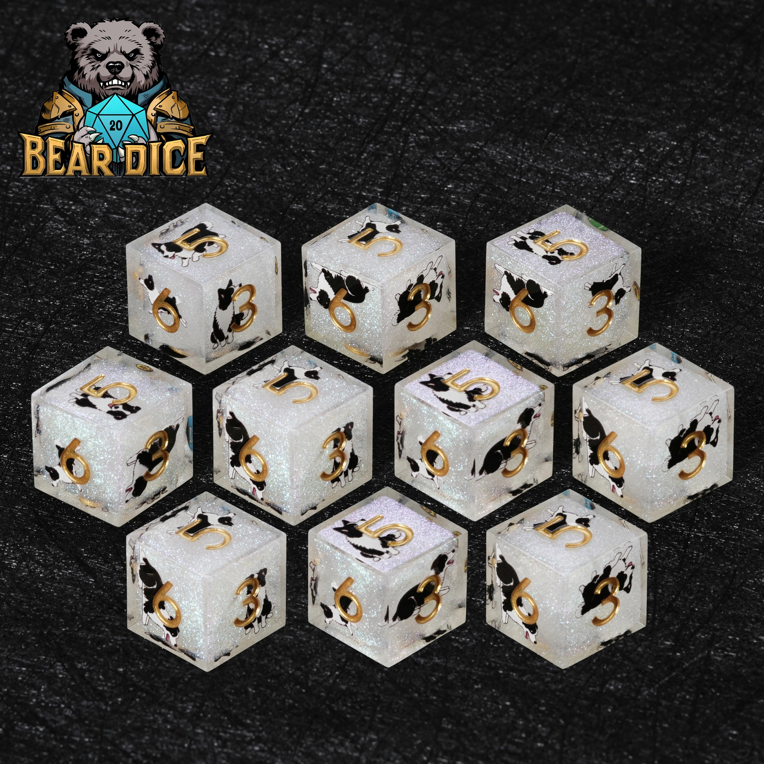 Border Collie White Glitter Resin D&D D6 Dice