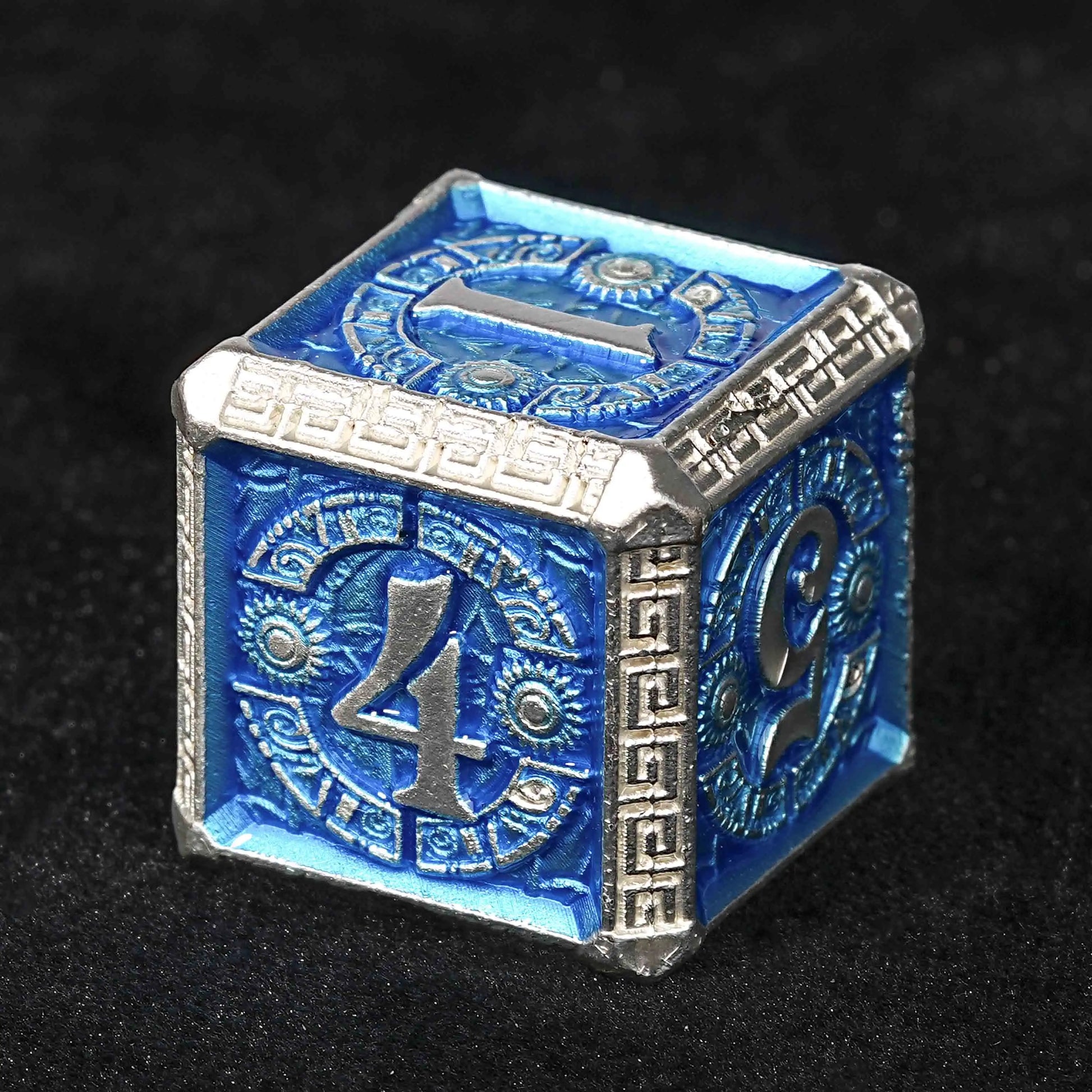 Silver and Blue Greek Refrain Metal DND D6 Dice | Bear Dice