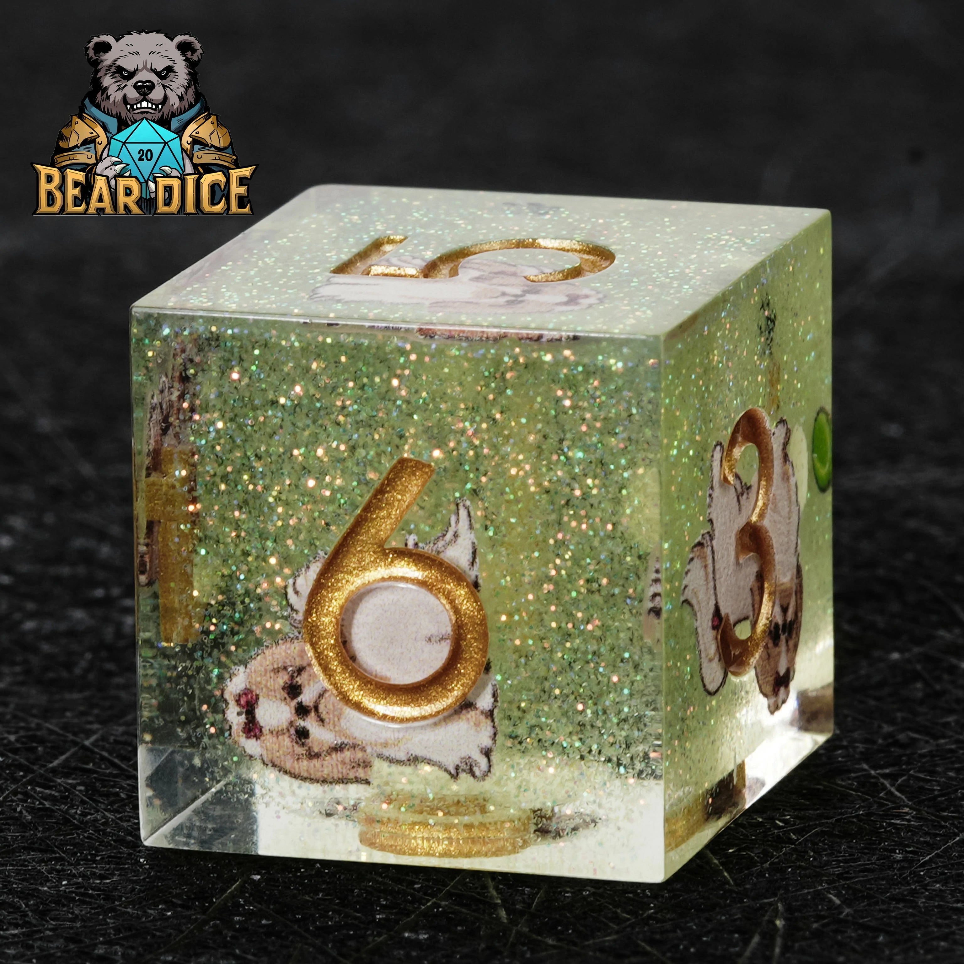 Green Glitter Resin Shih Tzu DND D6 Dice Set – Handcrafted RPG Dice