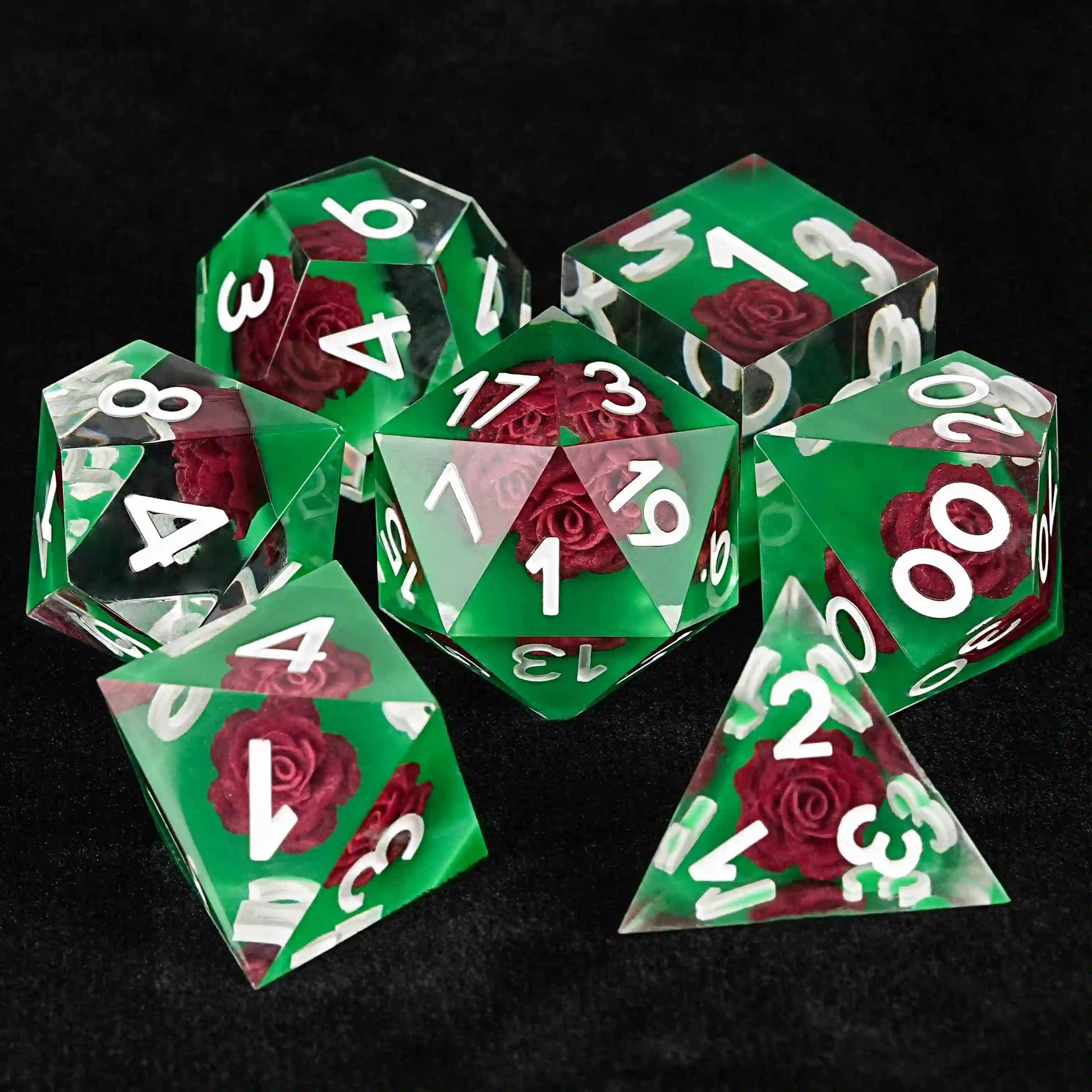 Green Rose Embedded Resin DND Dice Set + White Numbers | Bear Dice