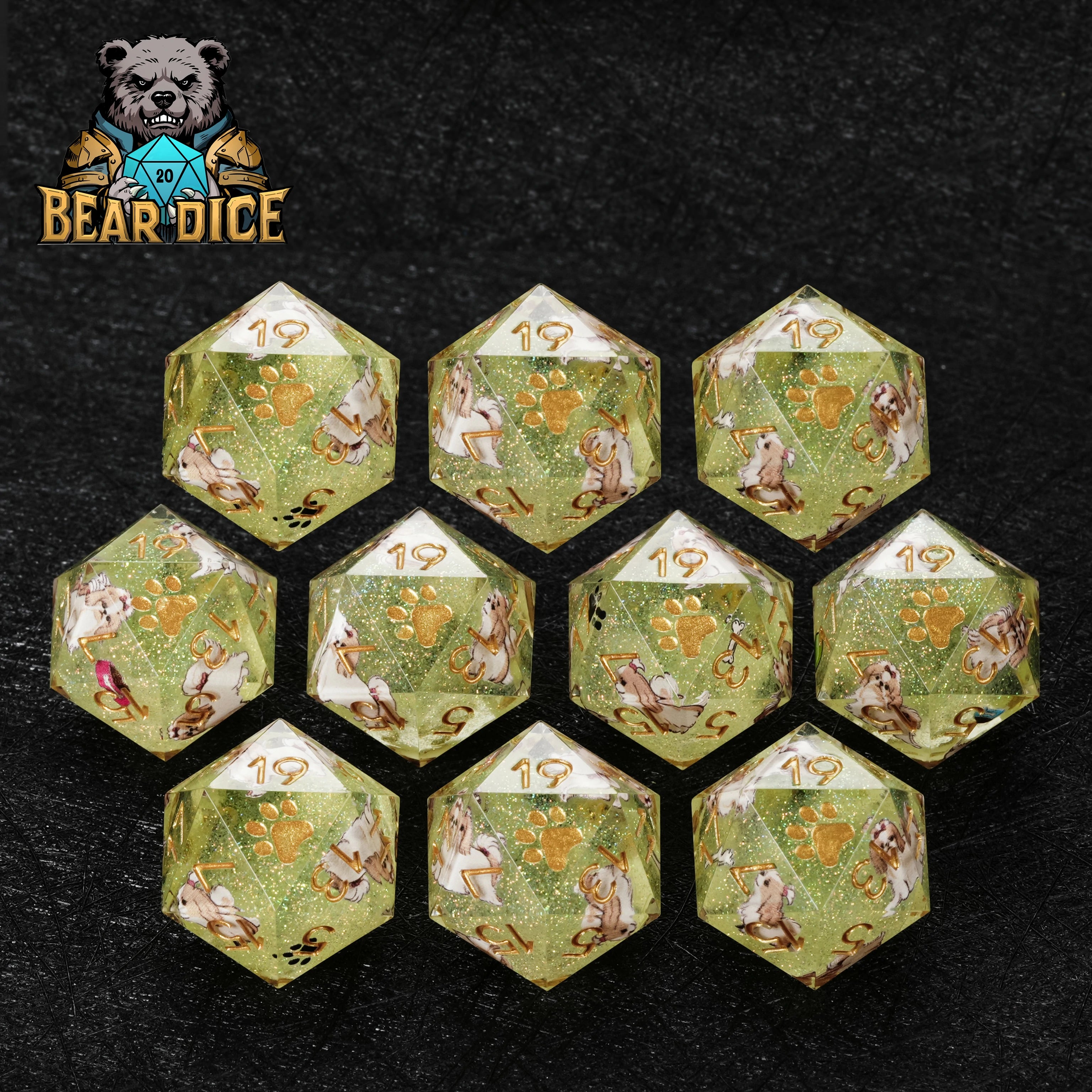 Green Glitter Resin Shih Tzu DND D20 Dice Set – Handcrafted RPG Dice
