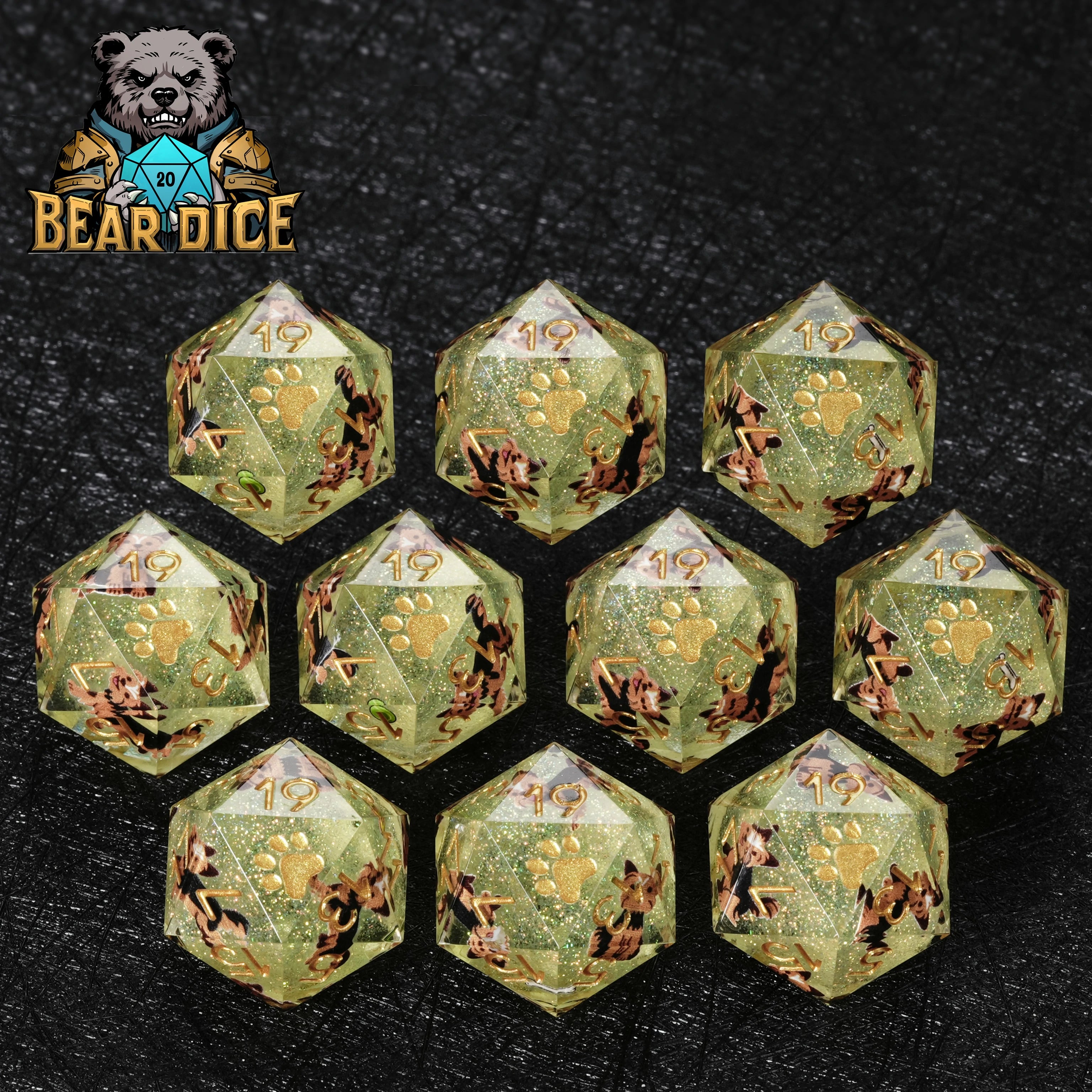 Yorkshire Terrier Green Glitter Resin DND D20 Dice – Yorkie RPG Gift