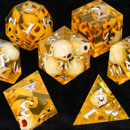 Orange Skull Core Resin dnd Dice Set + Silver Numbers | Bear Dice