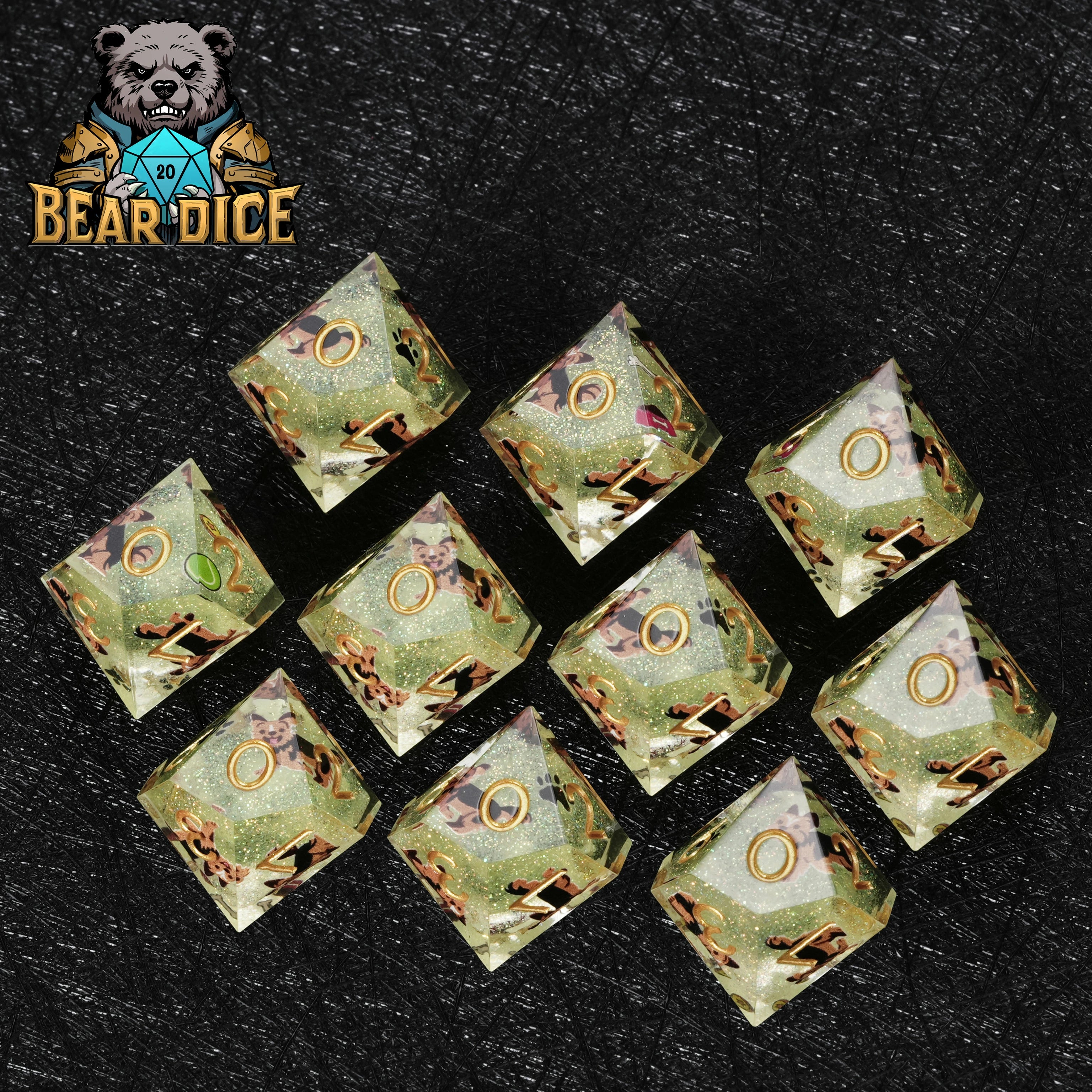 Yorkshire Terrier Green Glitter Resin DND D10 Dice – Yorkie RPG Gift