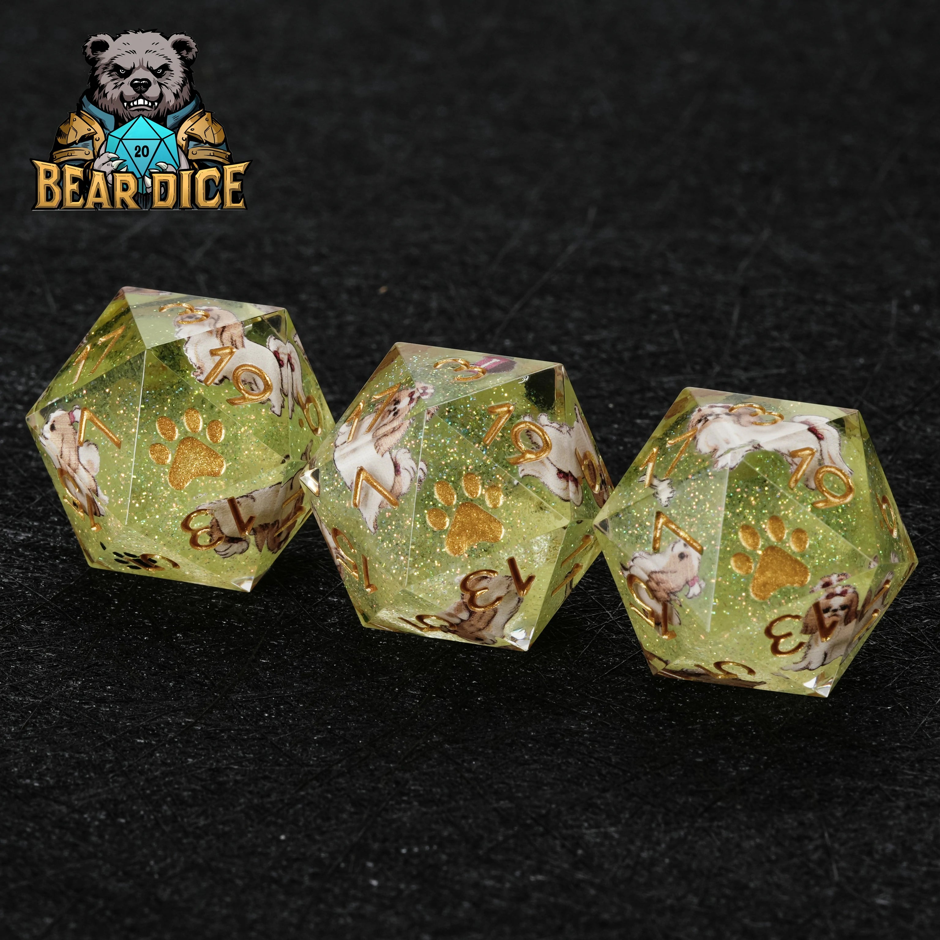 Green Glitter Resin Shih Tzu DND D20 Dice Set – Handcrafted RPG Dice