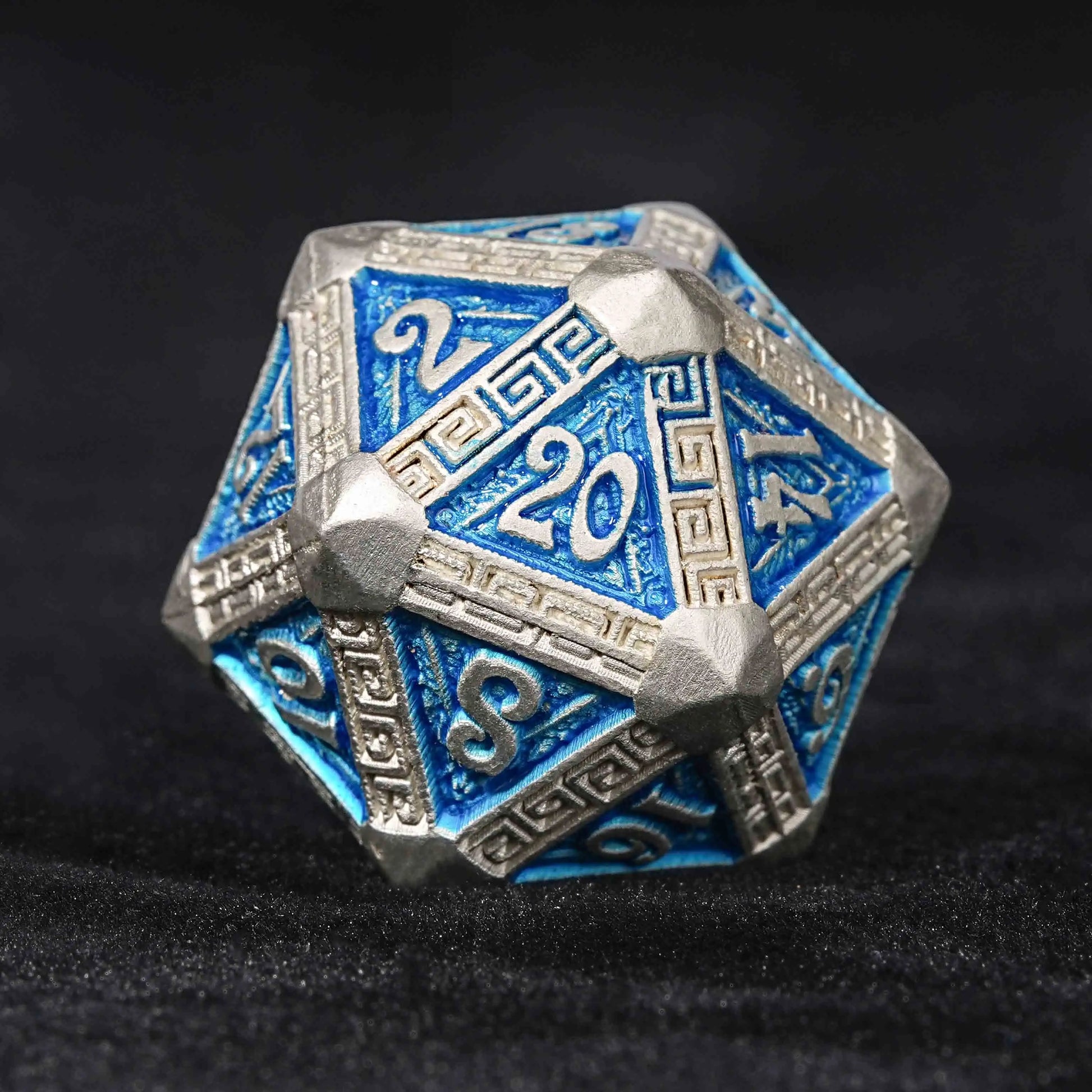 Silver and Blue Greek Refrain Metal DND D20 Dice | Bear Dice